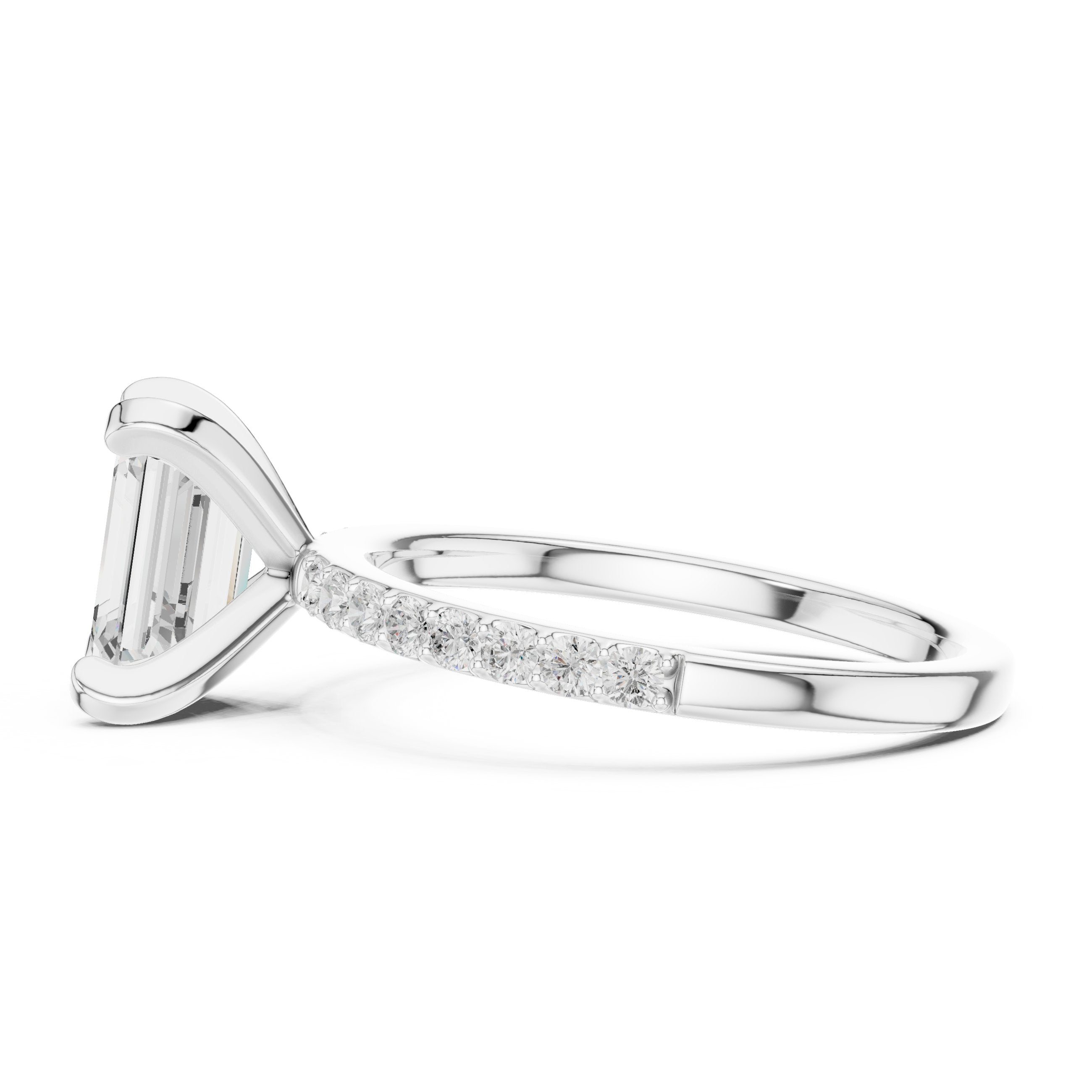Emerald Cut Engagement Ring with Pavé Band in White Gold - VYKA Diamonds