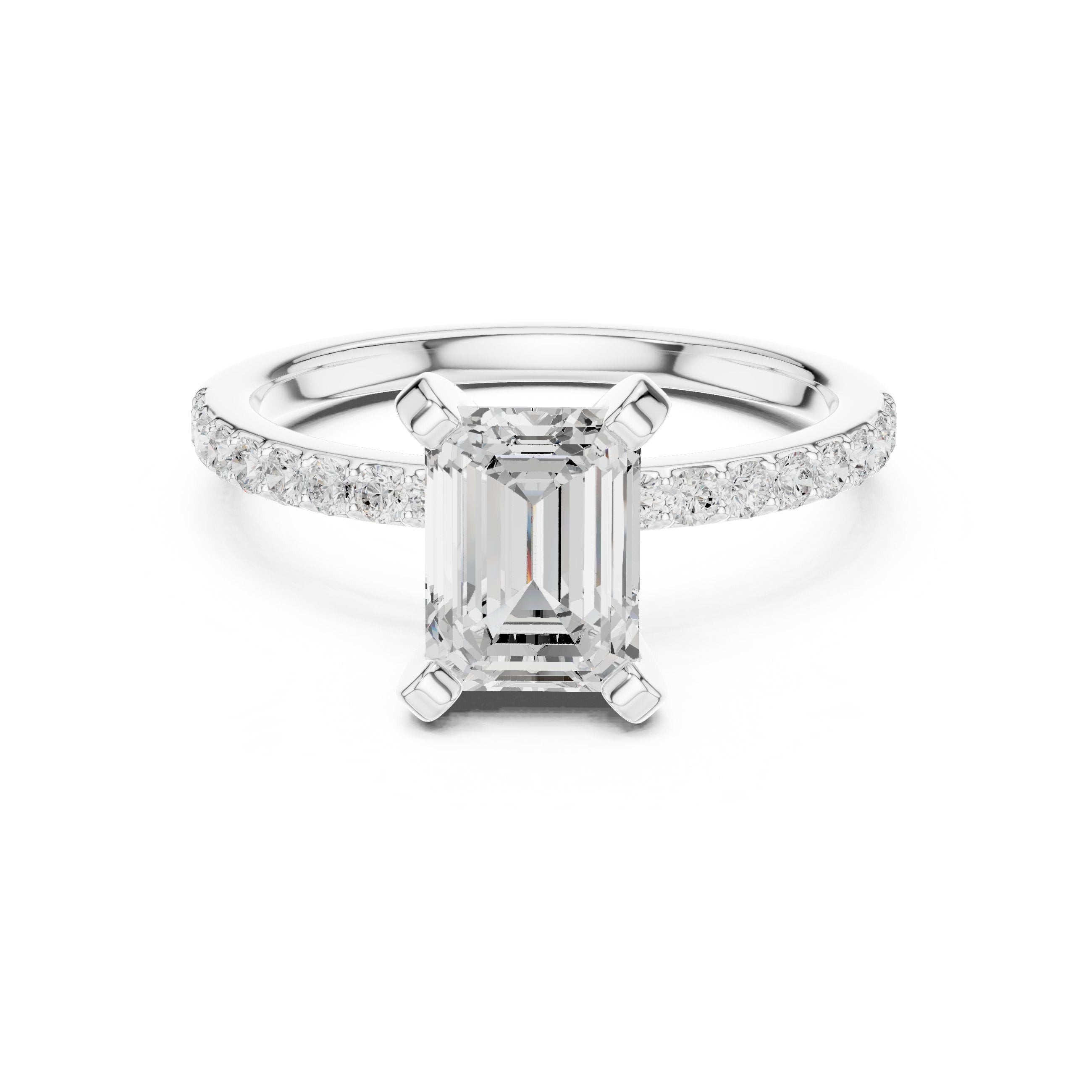 Emerald Cut Engagement Ring with Pavé Band in White Gold - VYKA Diamonds