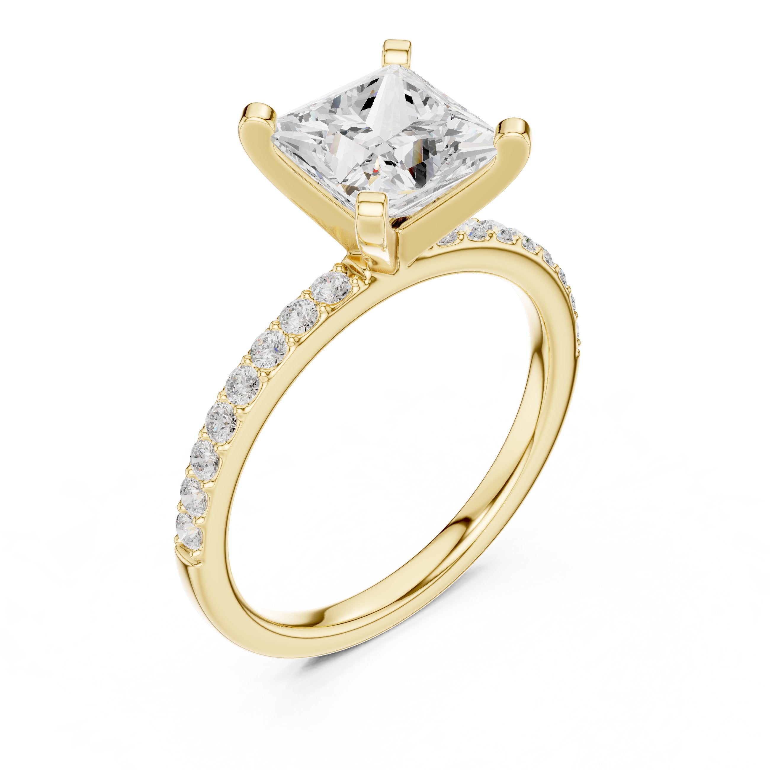 Princess Cut Engagement Ring with Pavé Band in Yellow Gold - VYKA Diamonds