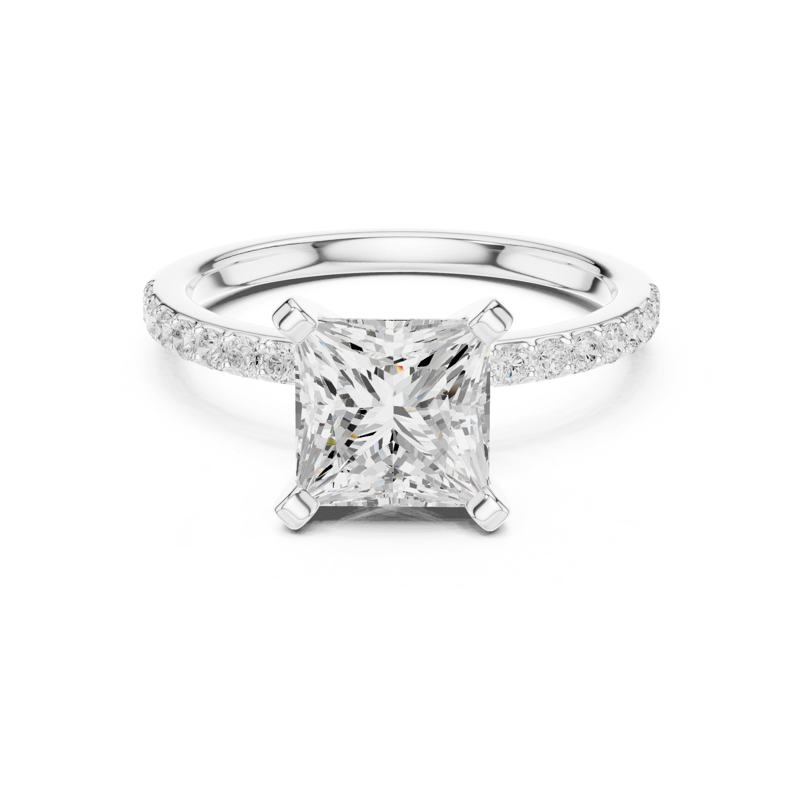 Princess Cut Engagement Ring with Pavé Band in White Gold - VYKA Diamonds