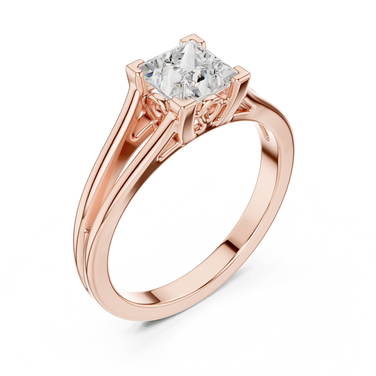 Kite Princess Cut Double Band Split Shank Solitaire Engagement Ring
