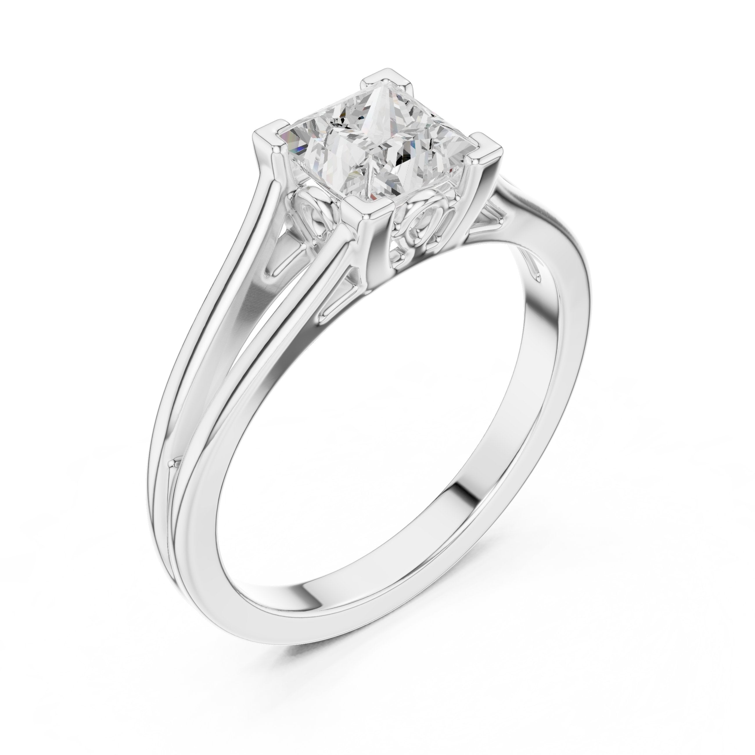 Kite Princess Cut Double Band Split Shank Solitaire Engagement Ring in White Gold - VYKA Diamonds