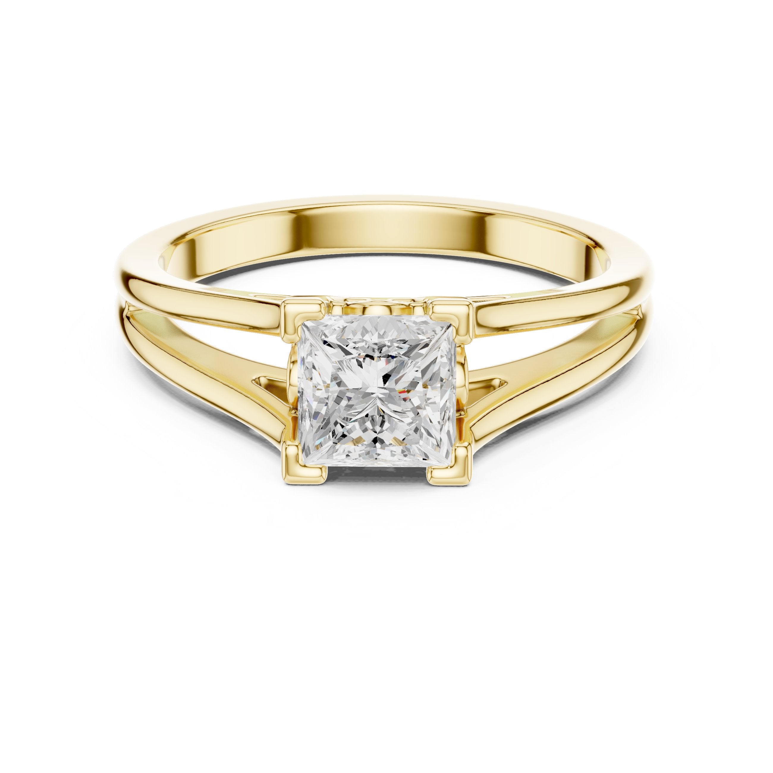 Kite Princess Cut Double Band Split Shank Solitaire Engagement Ring in Yellow Gold - VYKA Diamonds