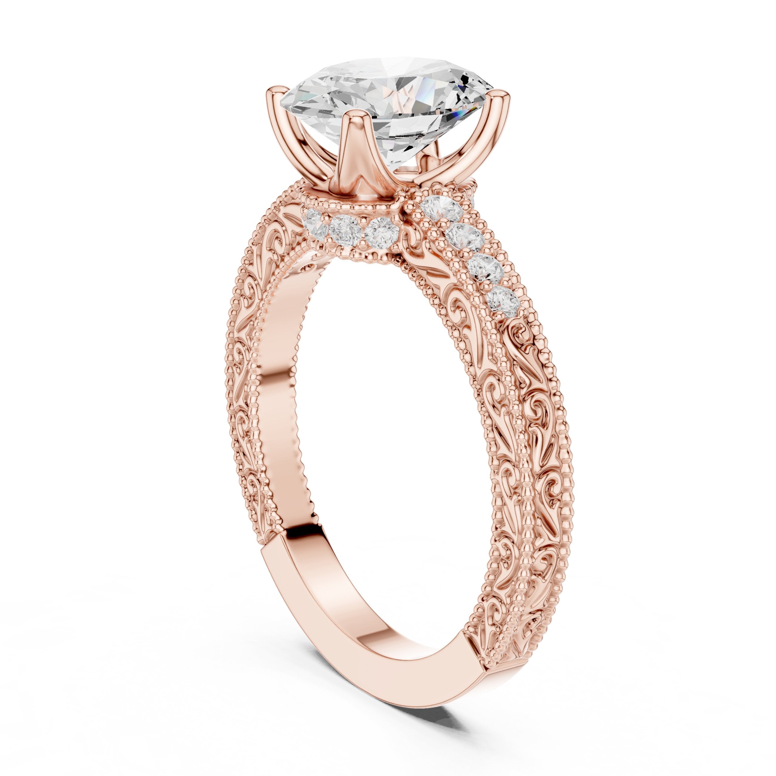 Oval Diamond Engagement Ring with Vintage Milgrain Pavé Band in Rose Gold - VYKA Diamonds