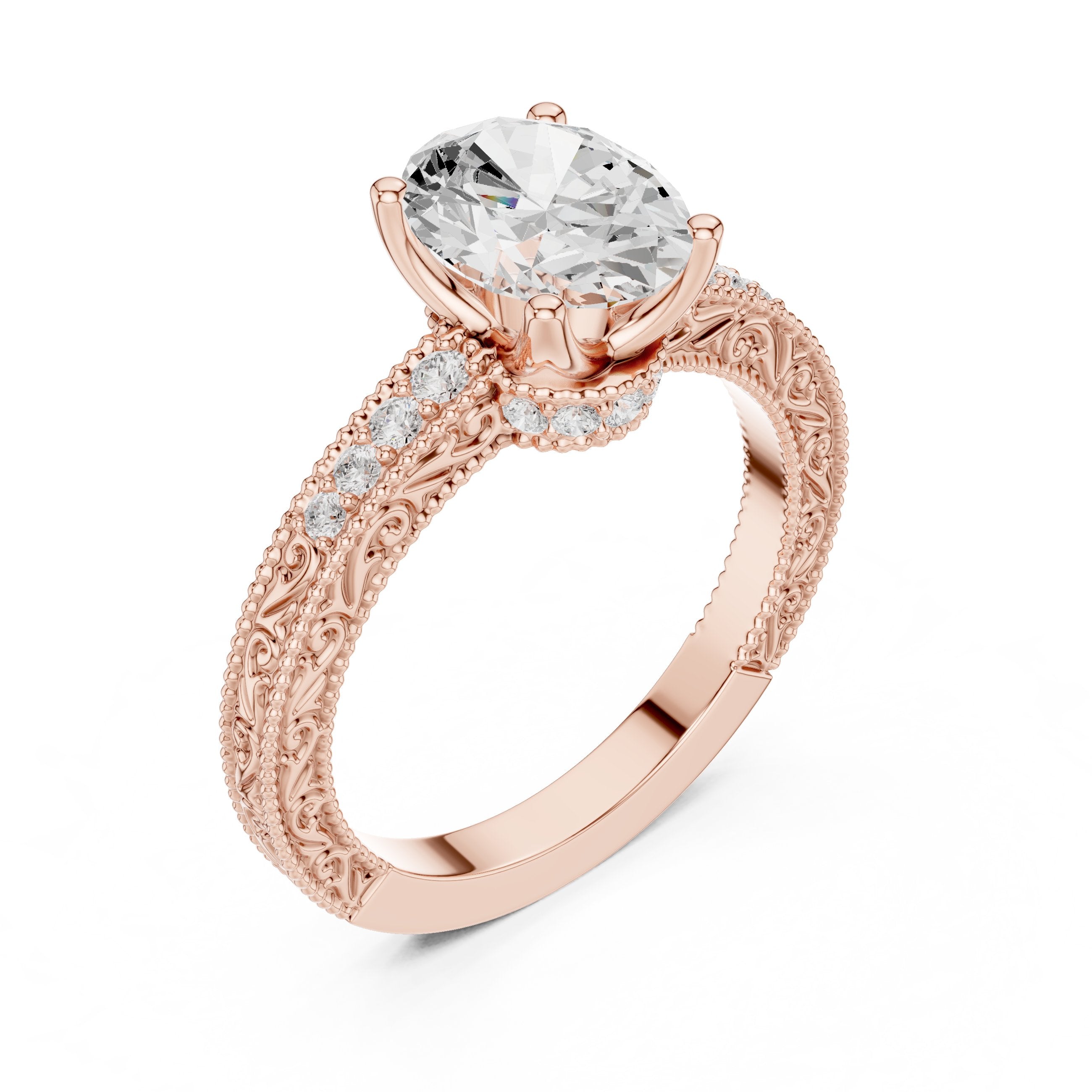 Oval Diamond Engagement Ring with Vintage Milgrain Pavé Band in Rose Gold - VYKA Diamonds