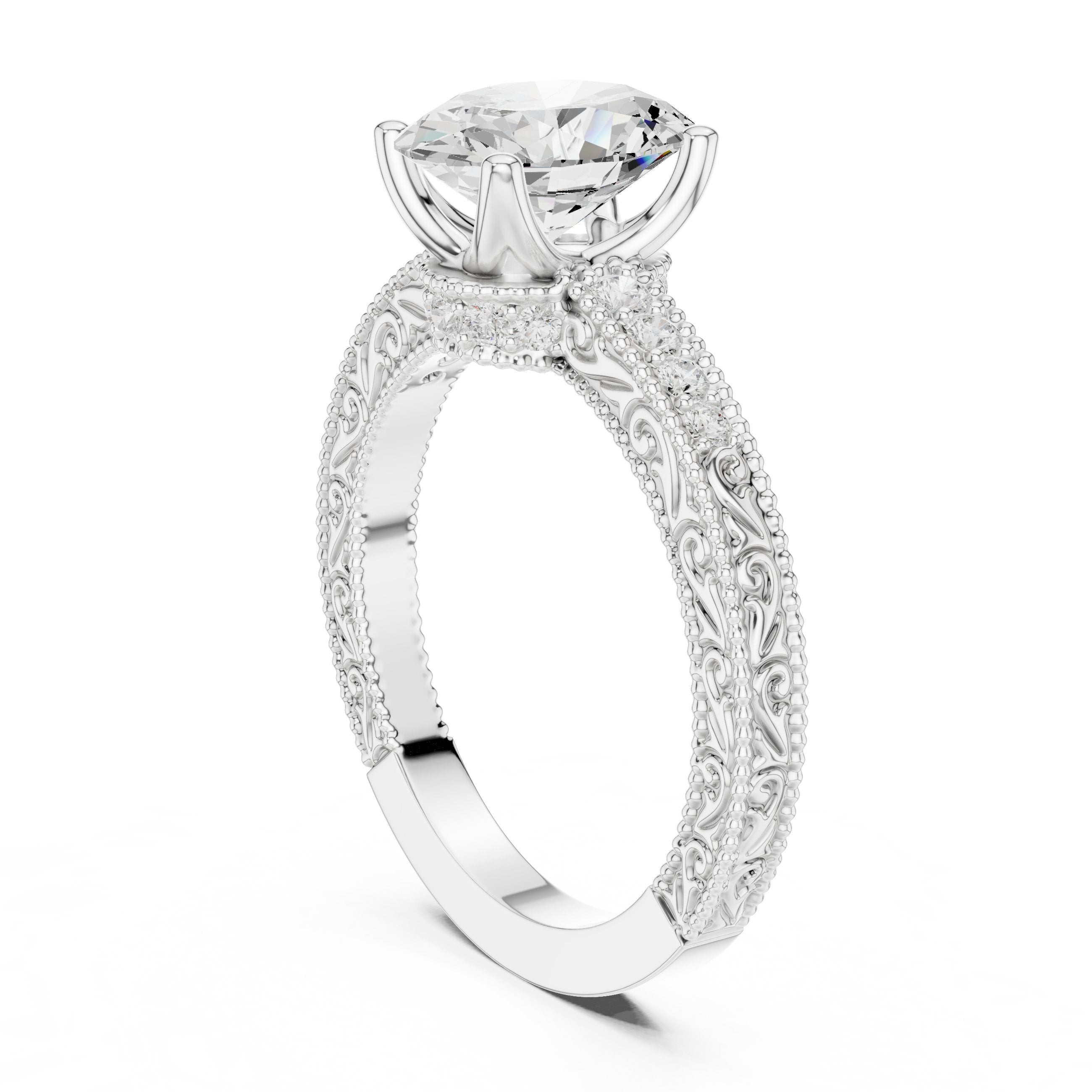 Oval Diamond Engagement Ring with Vintage Milgrain Pavé Band in White Gold - VYKA Diamonds