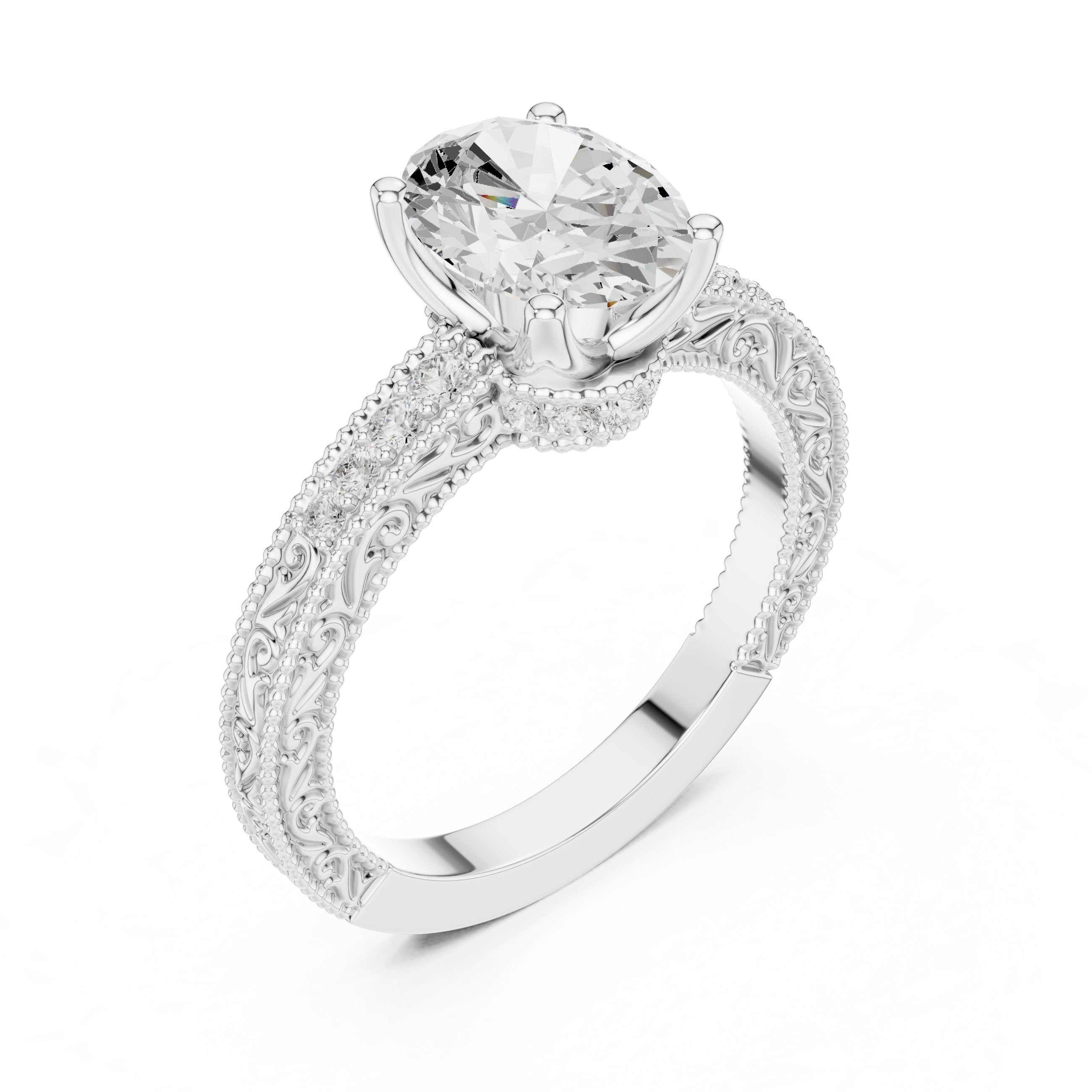 Oval Diamond Engagement Ring with Vintage Milgrain Pavé Band in White Gold - VYKA Diamonds