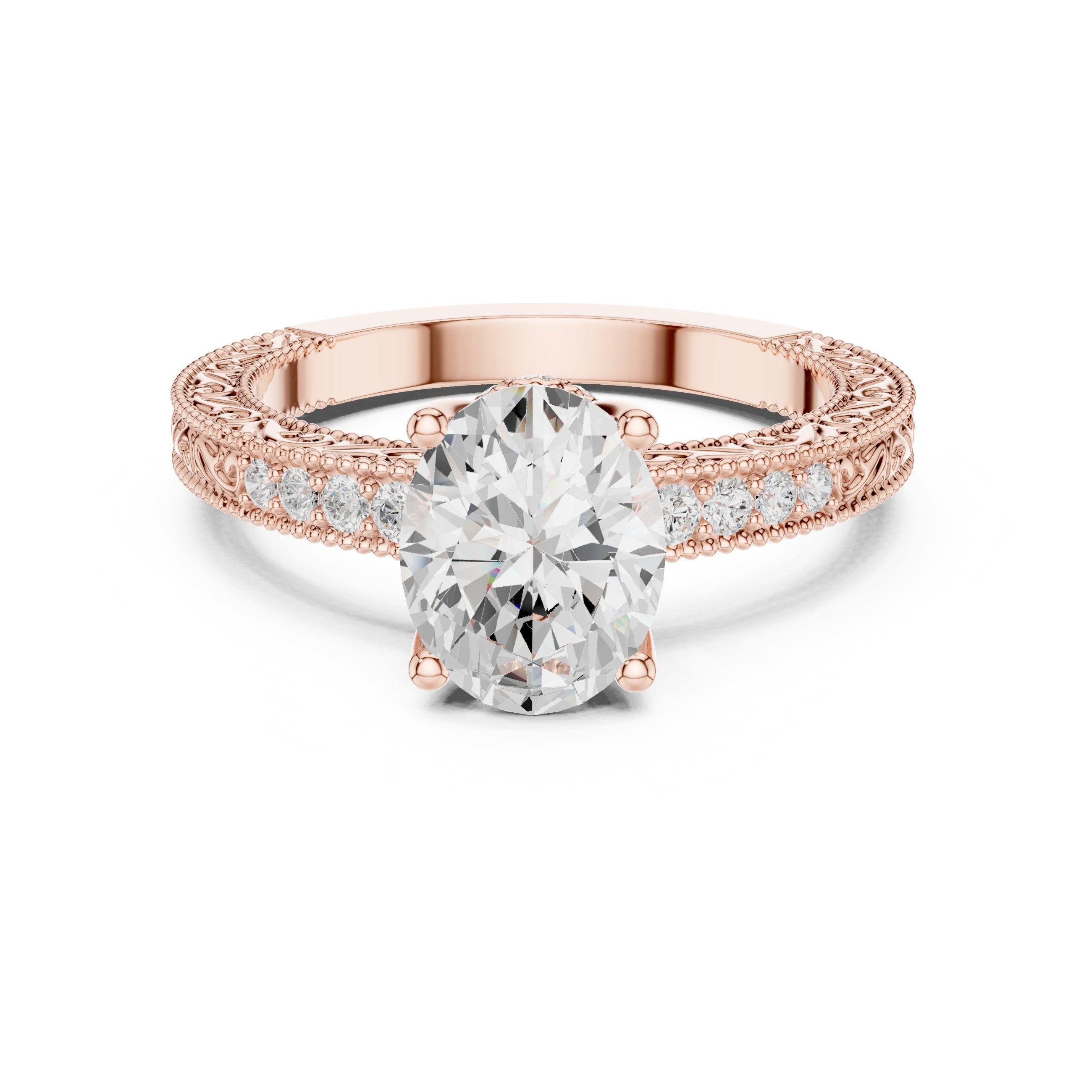 Oval Diamond Engagement Ring with Vintage Milgrain Pavé Band in Rose Gold - VYKA Diamonds