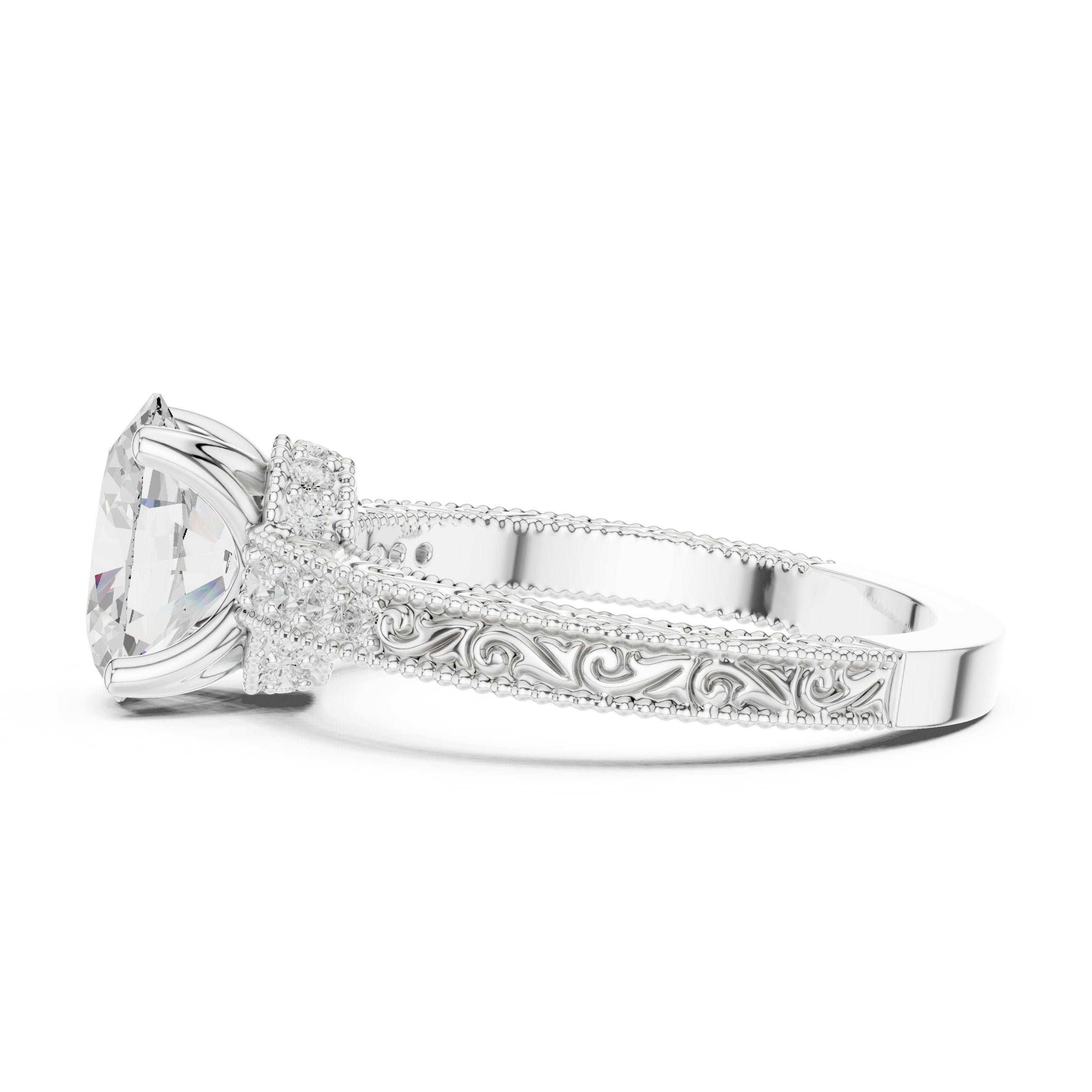Oval Diamond Engagement Ring with Vintage Milgrain Pavé Band in White Gold - VYKA Diamonds