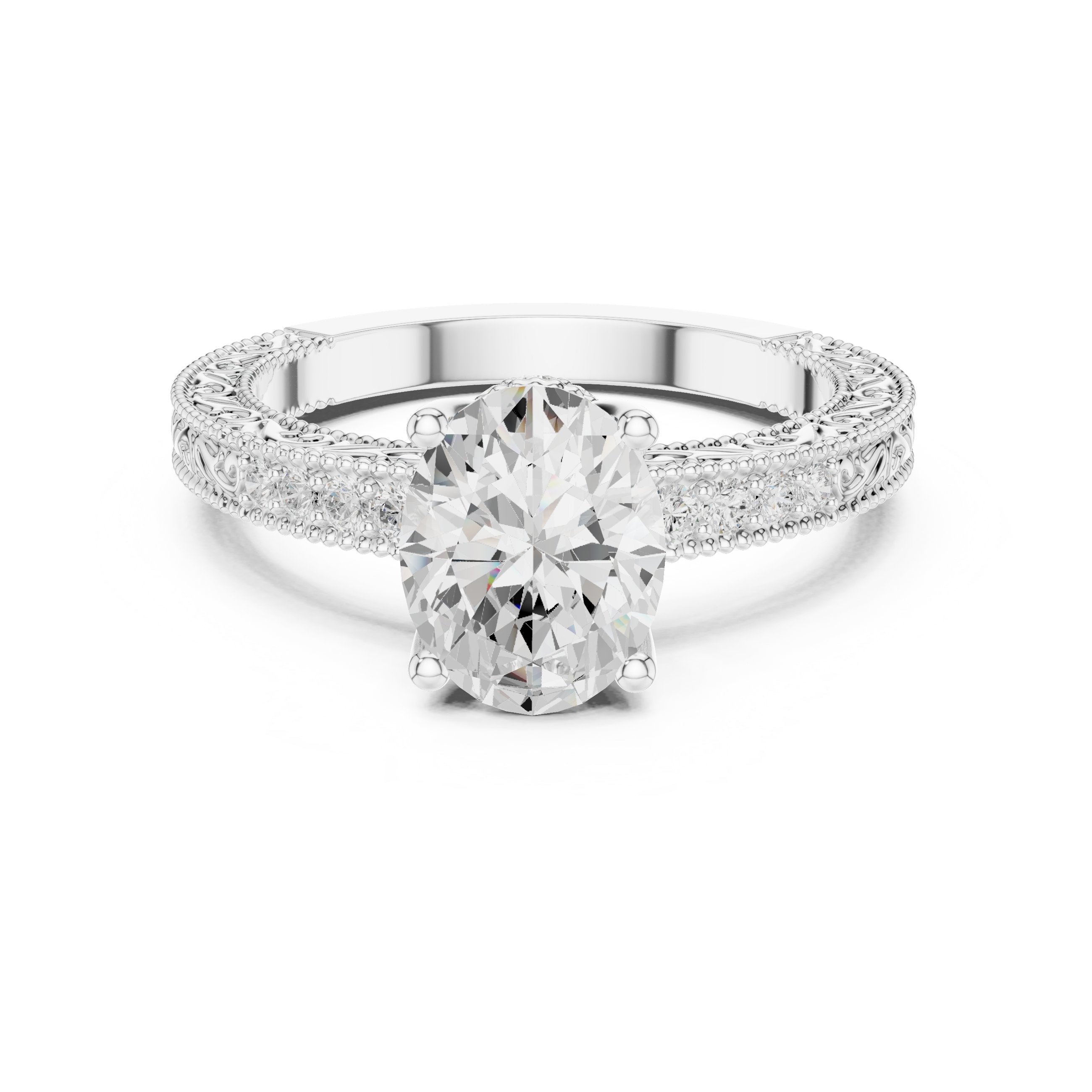 Oval Diamond Engagement Ring with Vintage Milgrain Pavé Band in White Gold - VYKA Diamonds