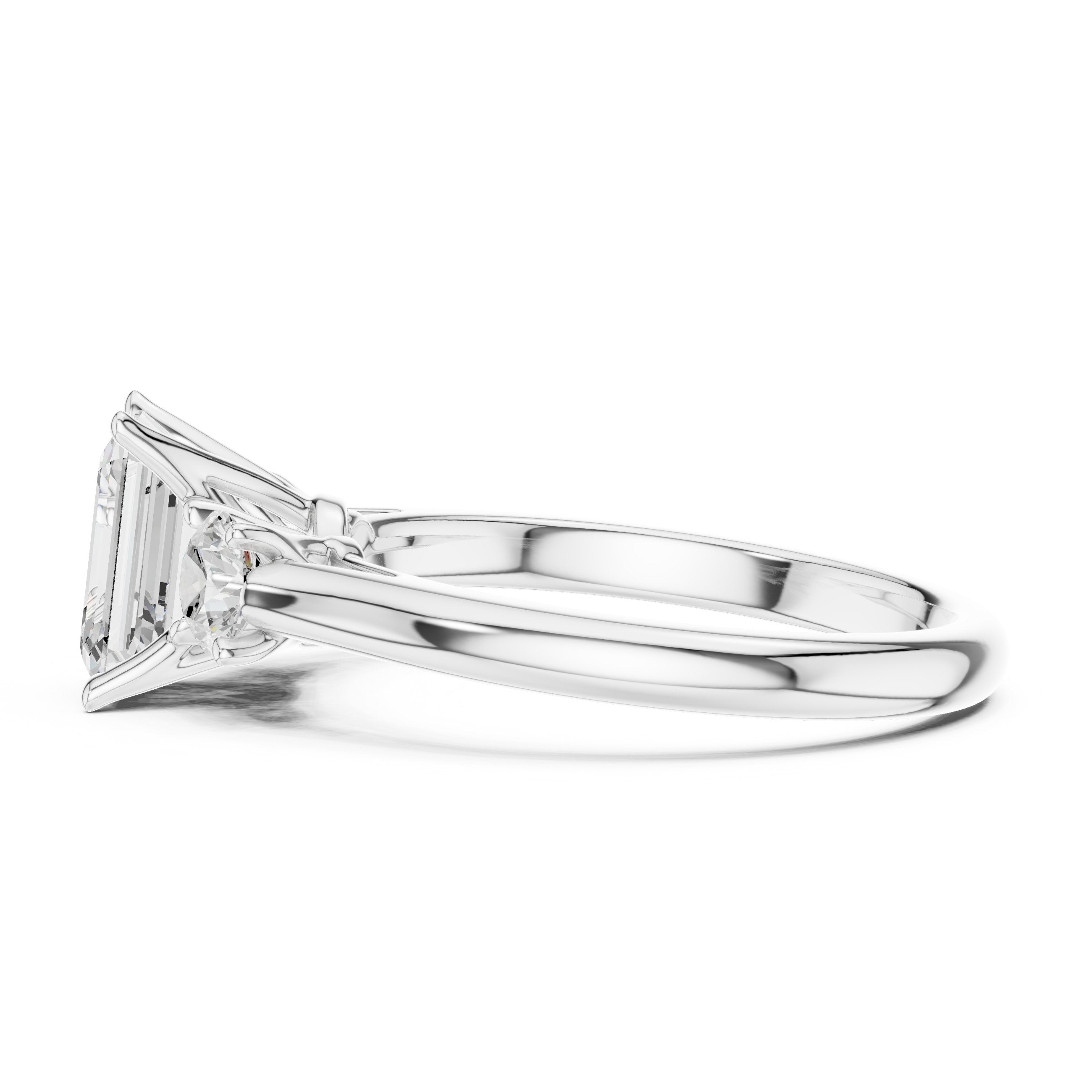 Emerald Cut Three Stone Engagement Ring with Round Sides in White Gold - VYKA Diamonds