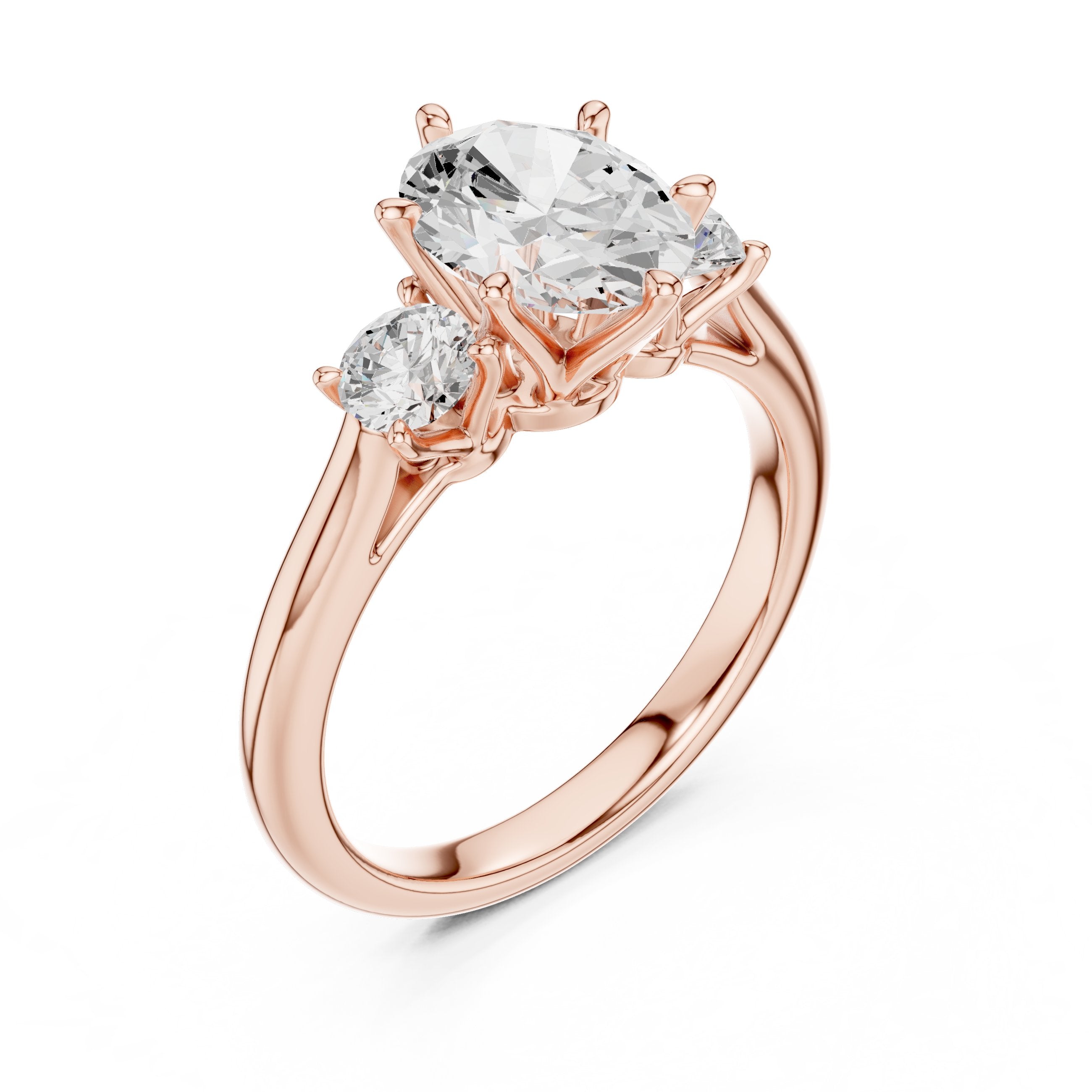 Oval Diamond Three Stone Engagement Ring with Round Sides in Rose Gold - VYKA Diamonds