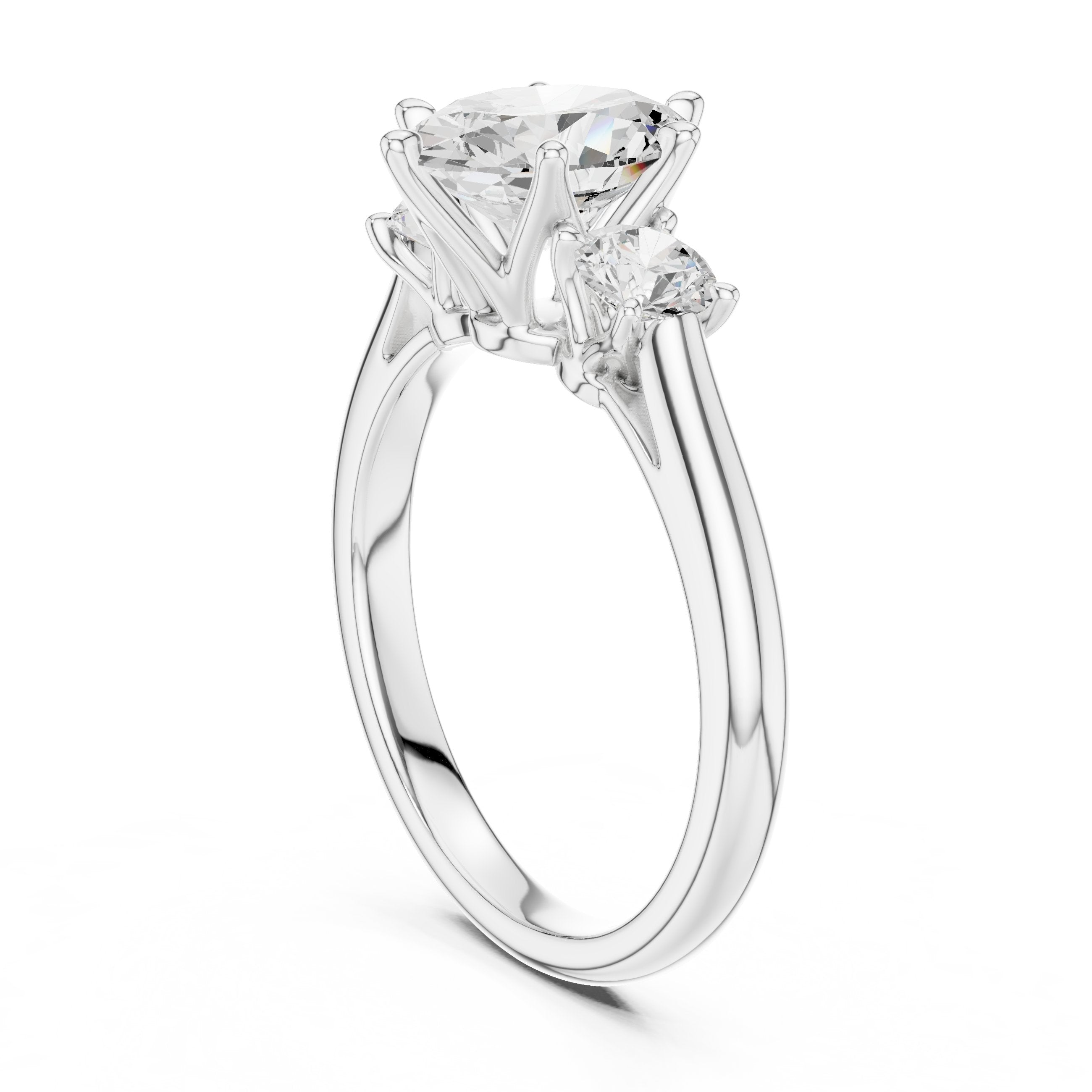 Oval Diamond Three Stone Engagement Ring with Round Sides in White Gold - VYKA Diamonds