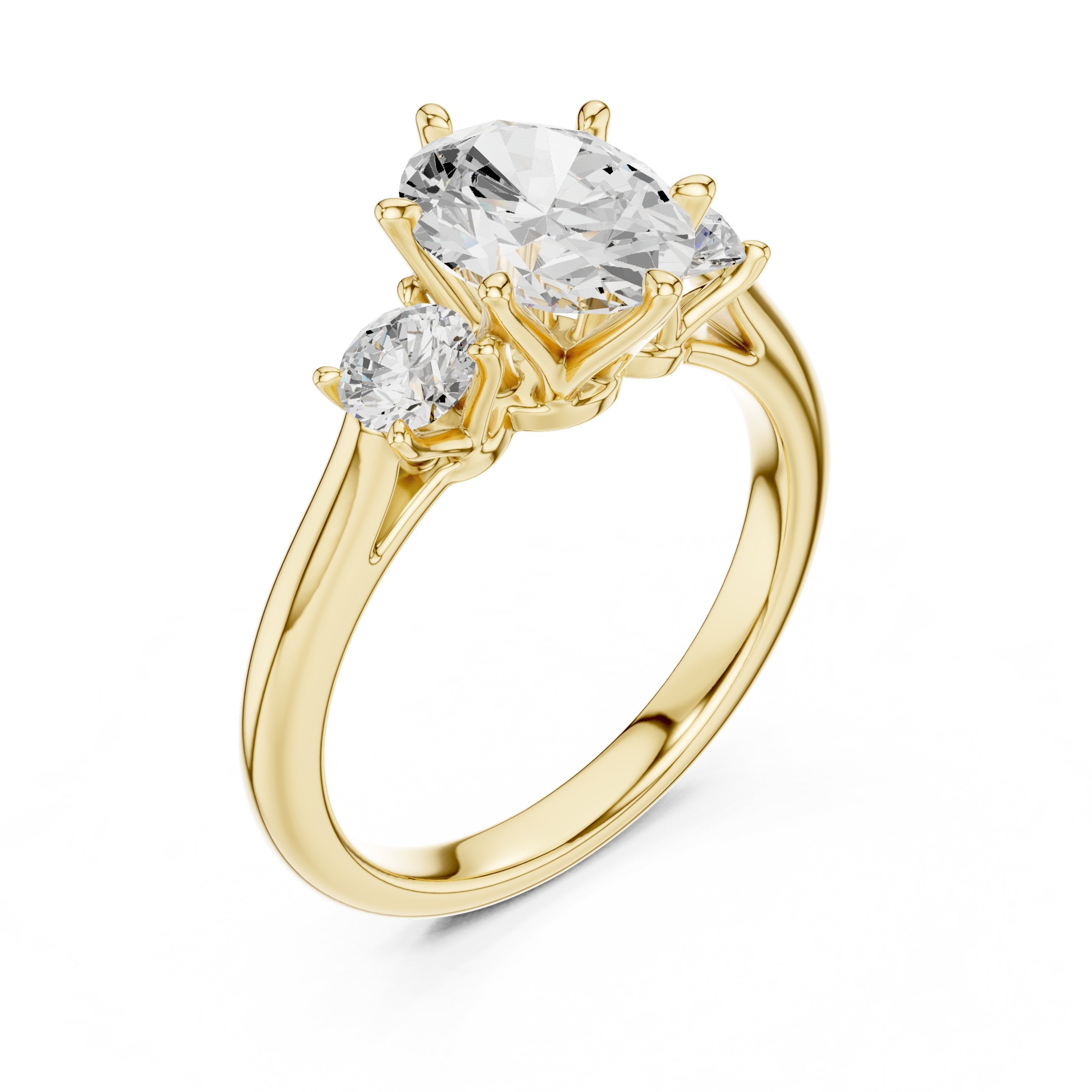 Oval Diamond Three Stone Engagement Ring with Round Sides in Yellow Gold - VYKA Diamonds