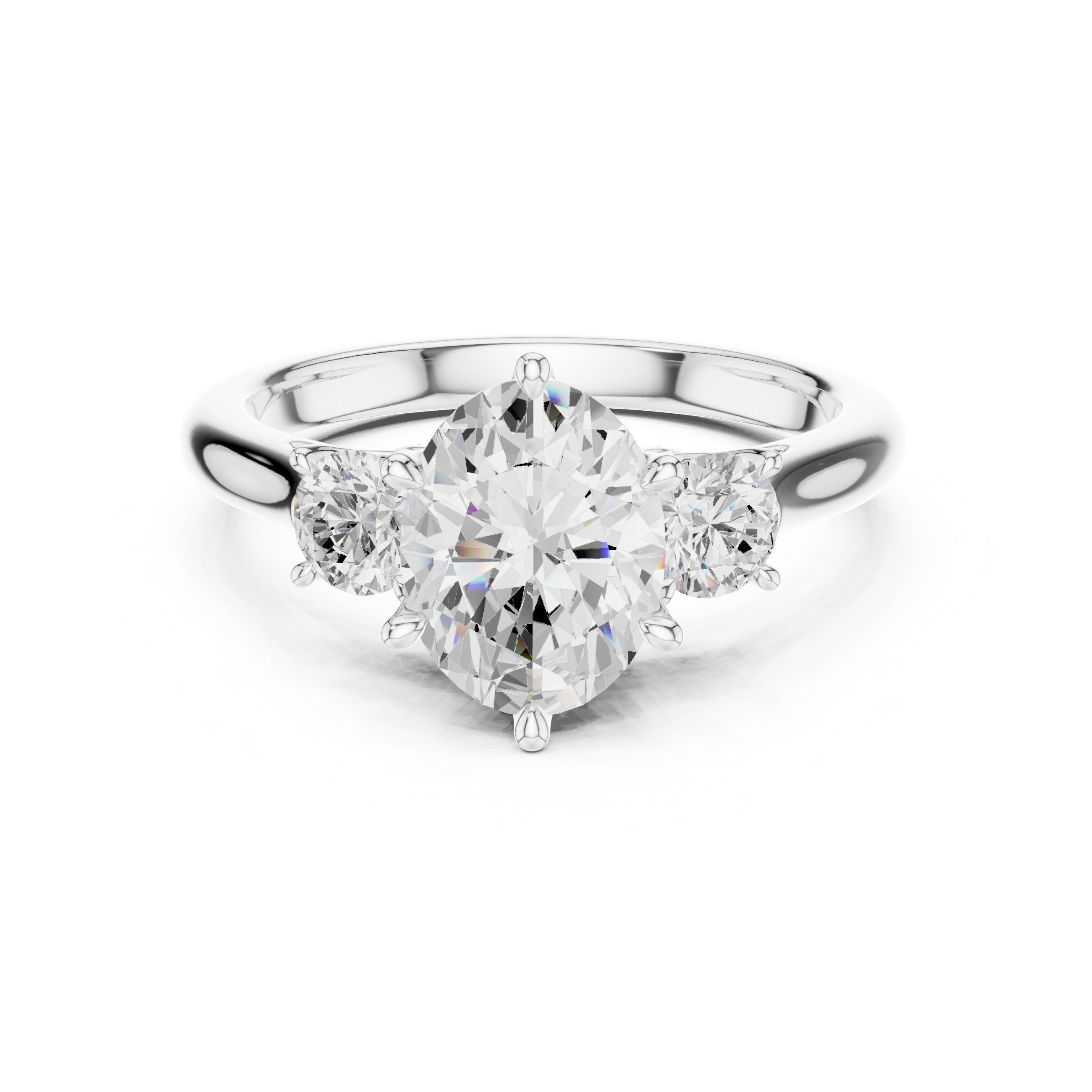 Oval Diamond Three Stone Engagement Ring with Round Sides in White Gold - VYKA Diamonds