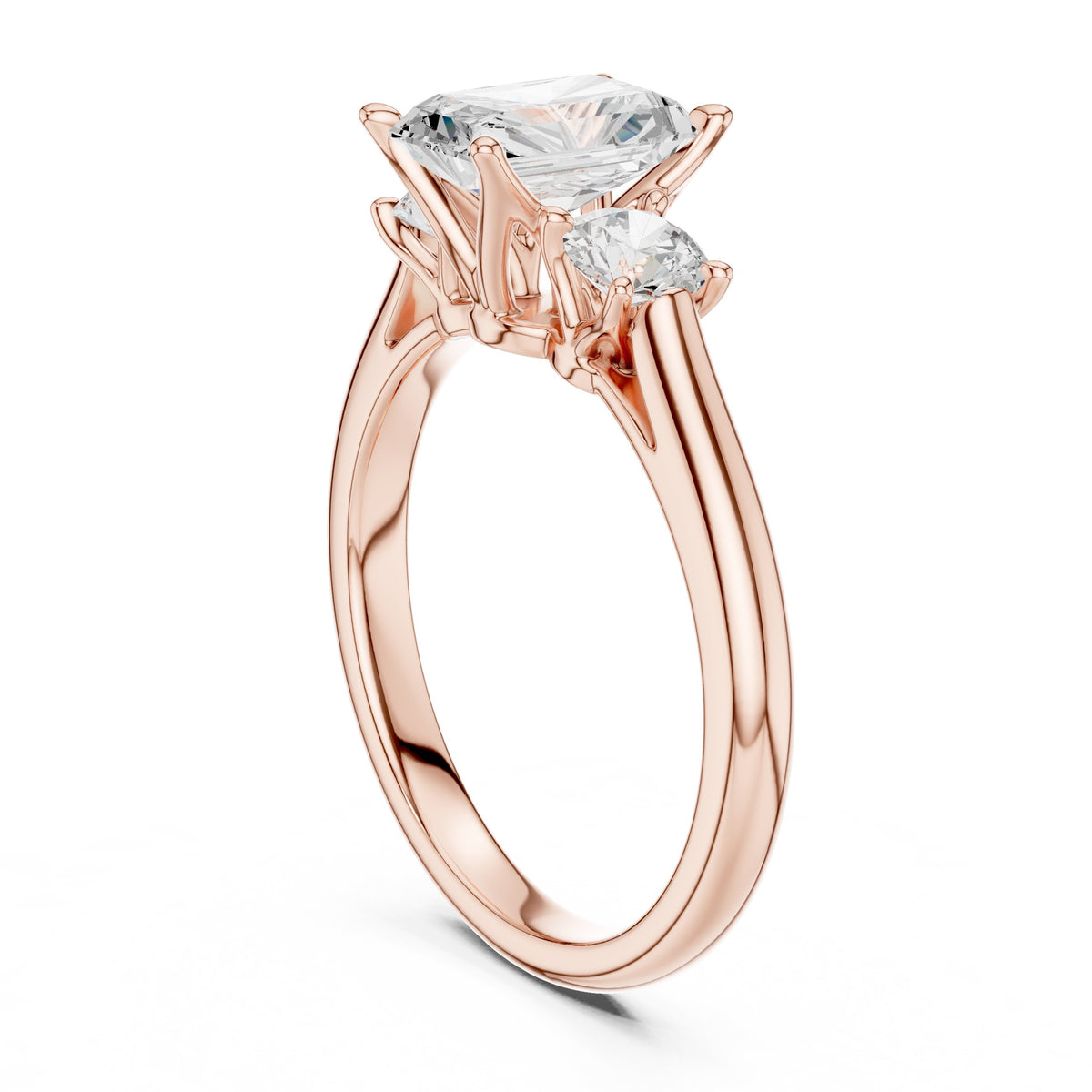 Radiant Cut Three Stone Engagement Ring with Round Sides