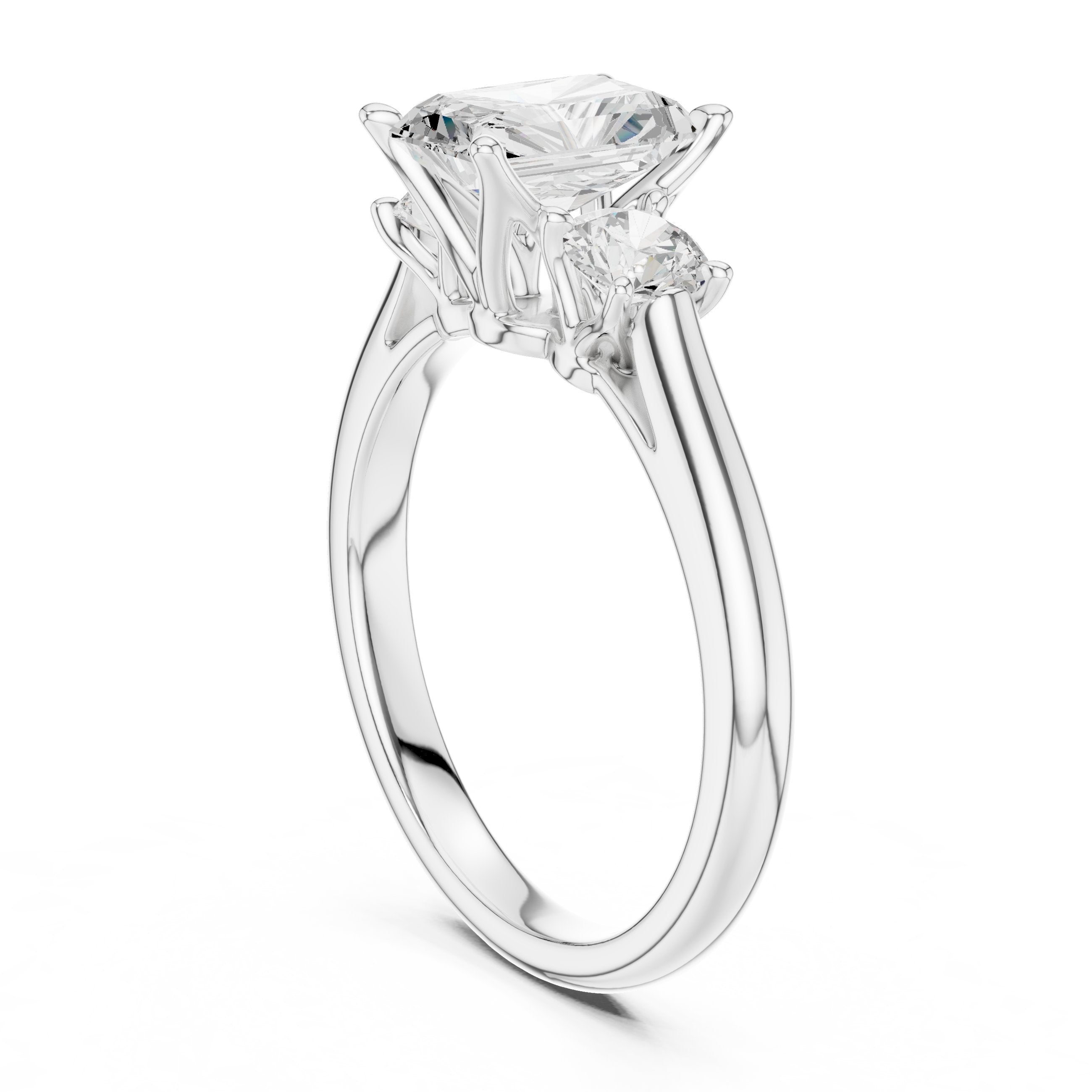 Radiant Cut Three Stone Engagement Ring with Round Sides in White Gold - VYKA Diamonds