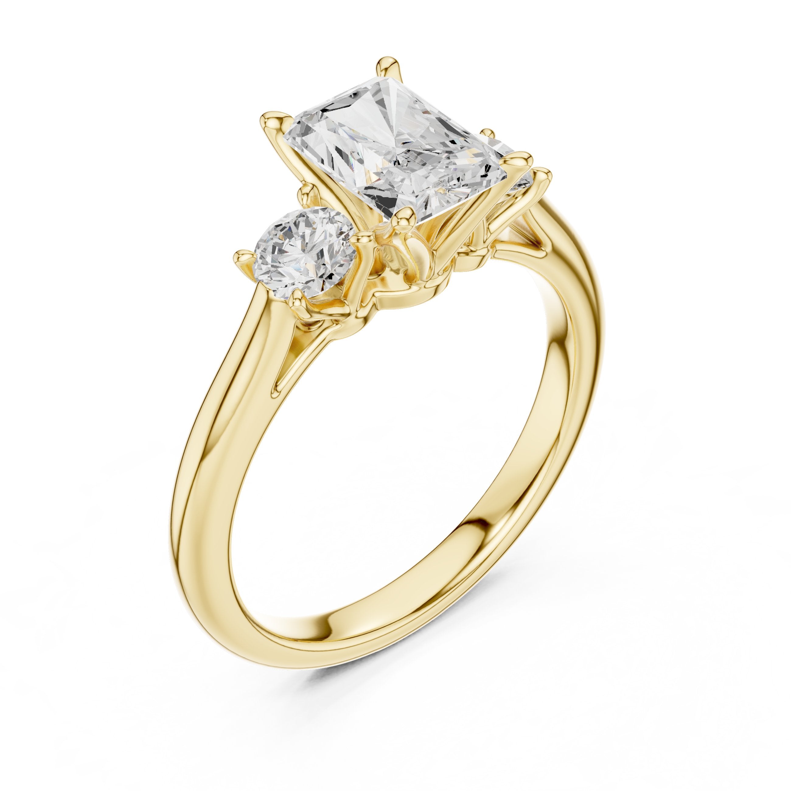 Radiant Cut Three Stone Engagement Ring with Round Sides in Yellow Gold - VYKA Diamonds