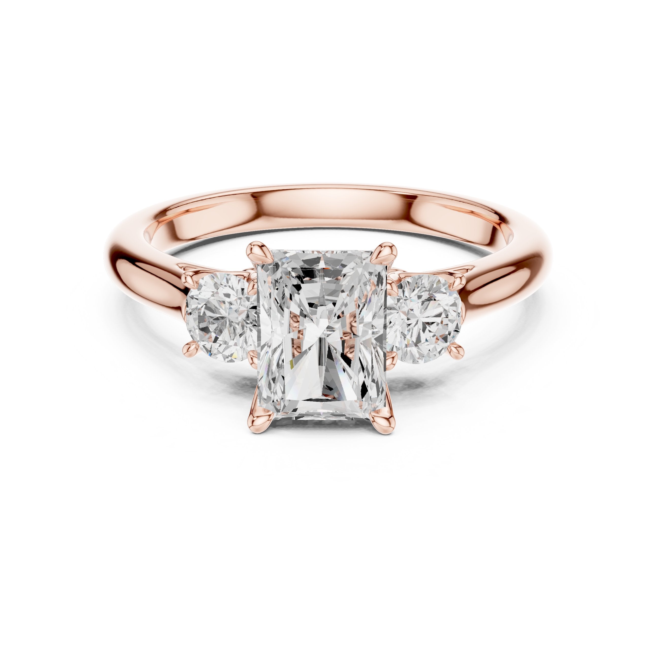 Radiant Cut Three Stone Engagement Ring with Round Sides in Rose Gold - VYKA Diamonds