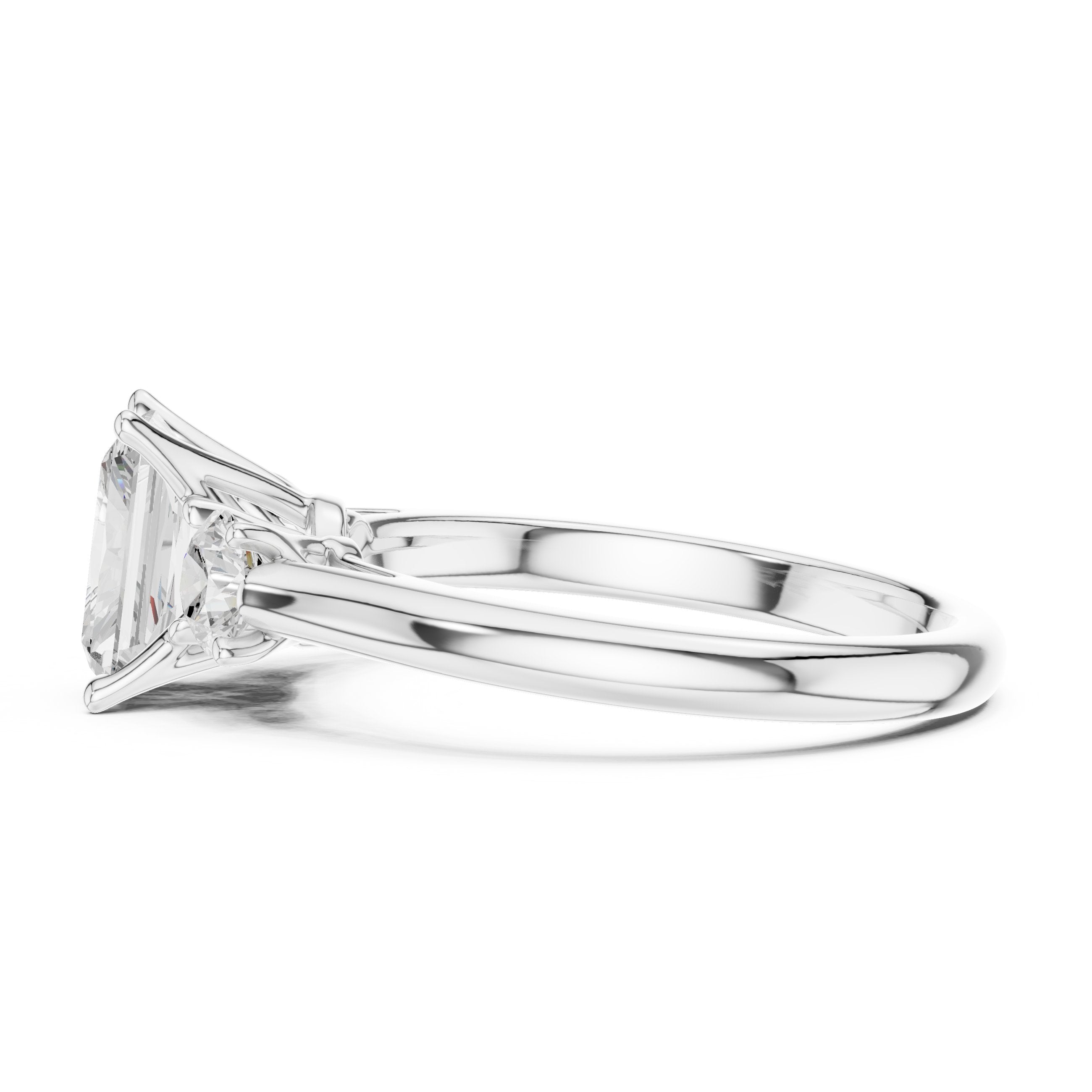 Radiant Cut Three Stone Engagement Ring with Round Sides in White Gold - VYKA Diamonds