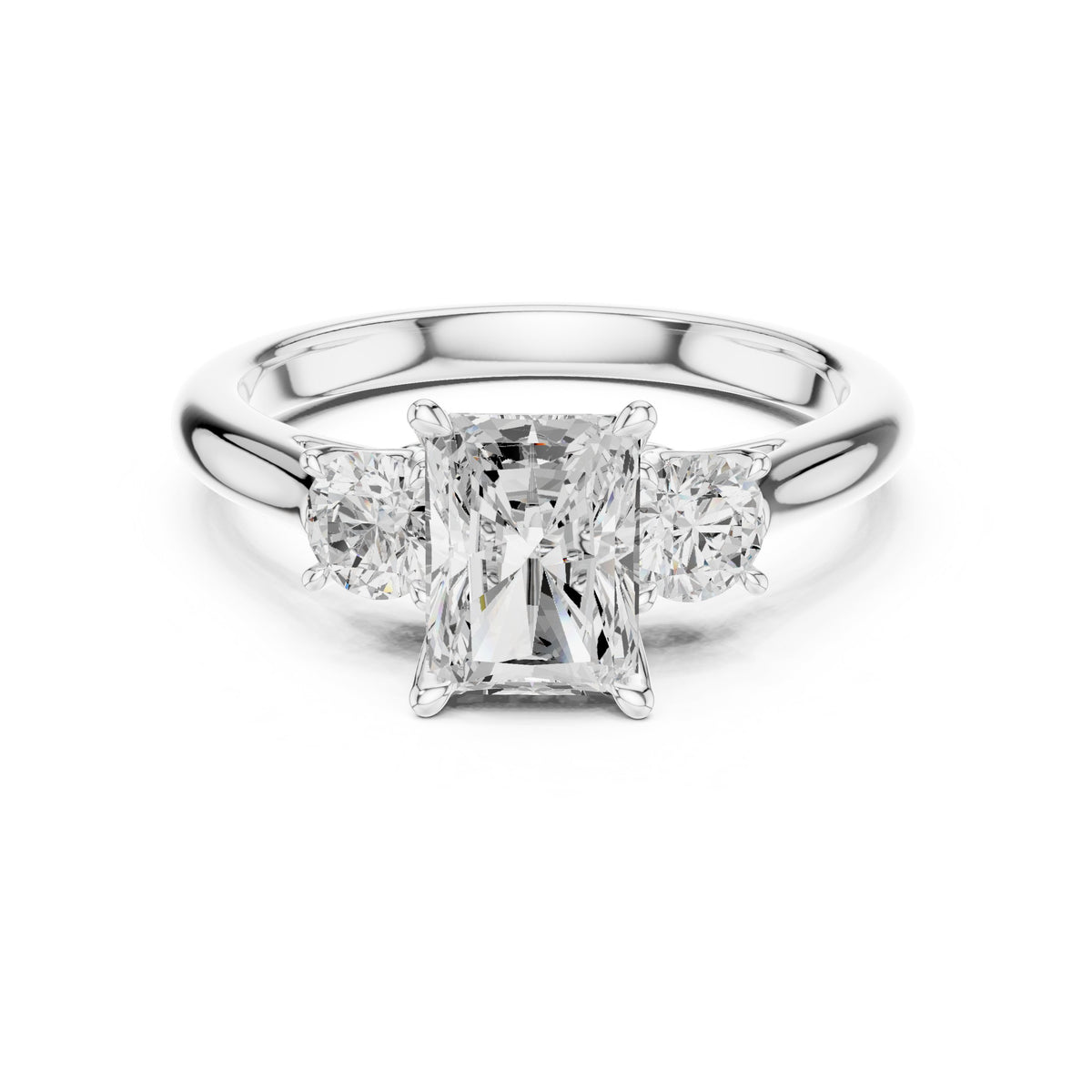 Radiant Cut Three Stone Engagement Ring with Round Sides