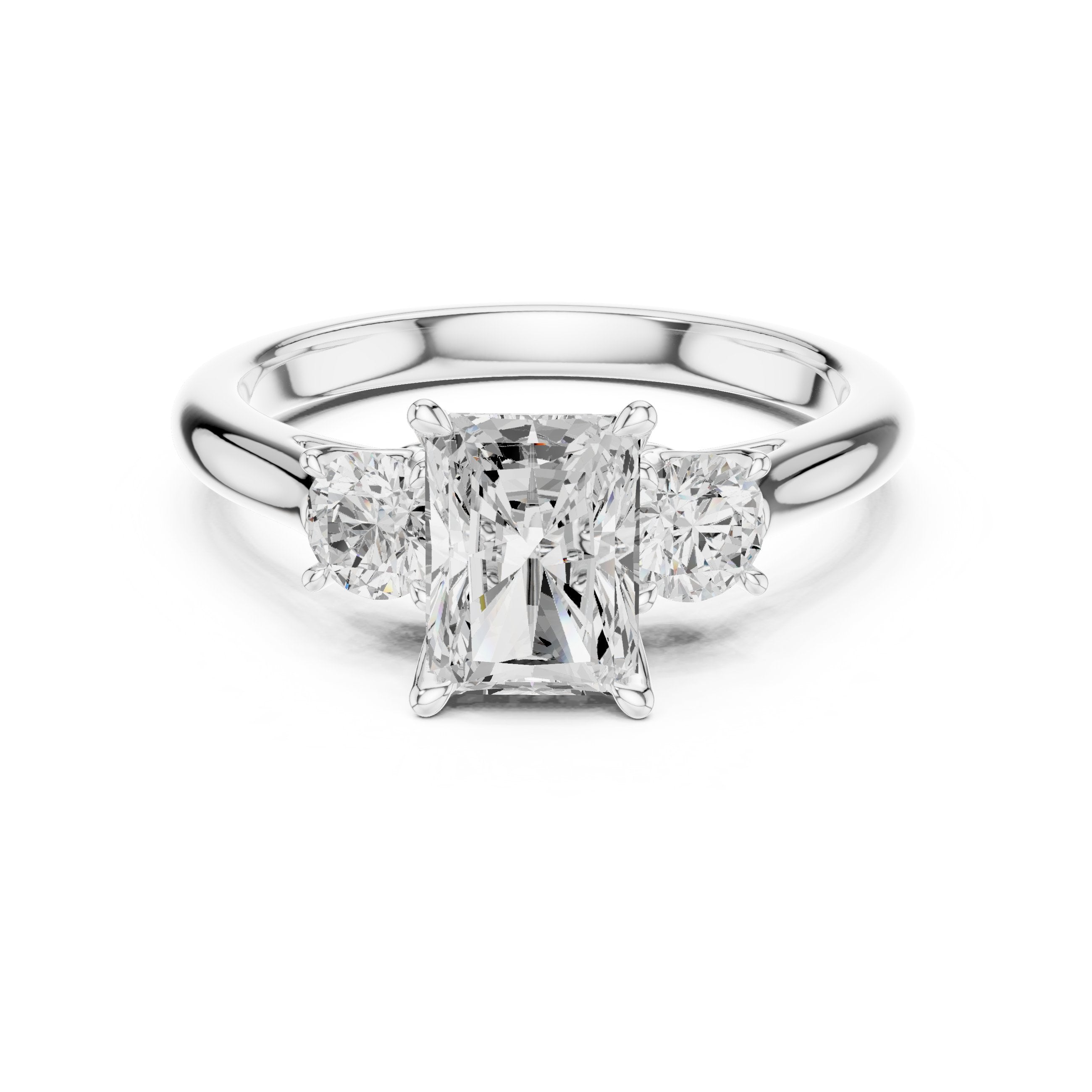 Radiant Cut Three Stone Engagement Ring with Round Sides in White Gold - VYKA Diamonds