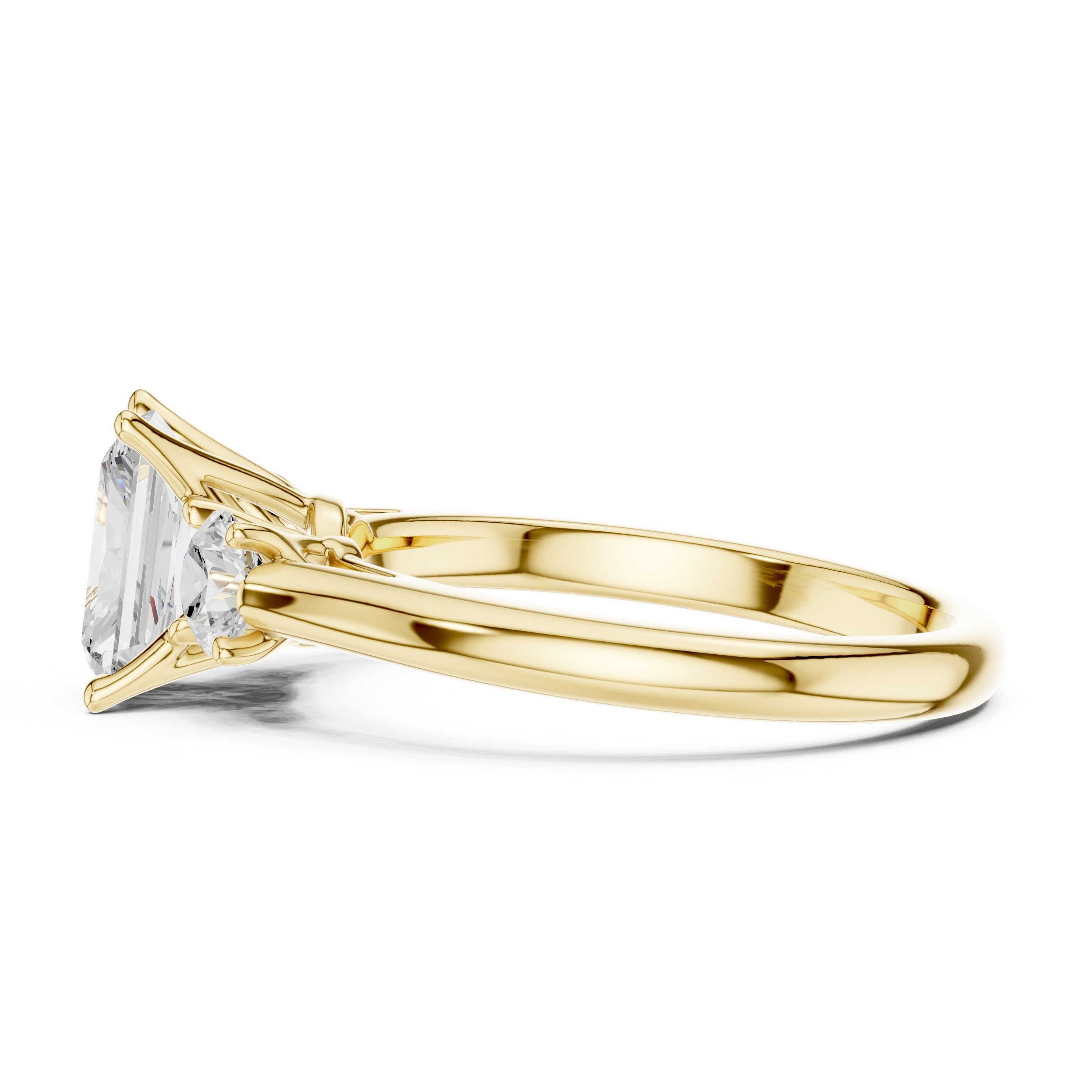 Radiant Cut Three Stone Engagement Ring with Round Sides in Yellow Gold - VYKA Diamonds