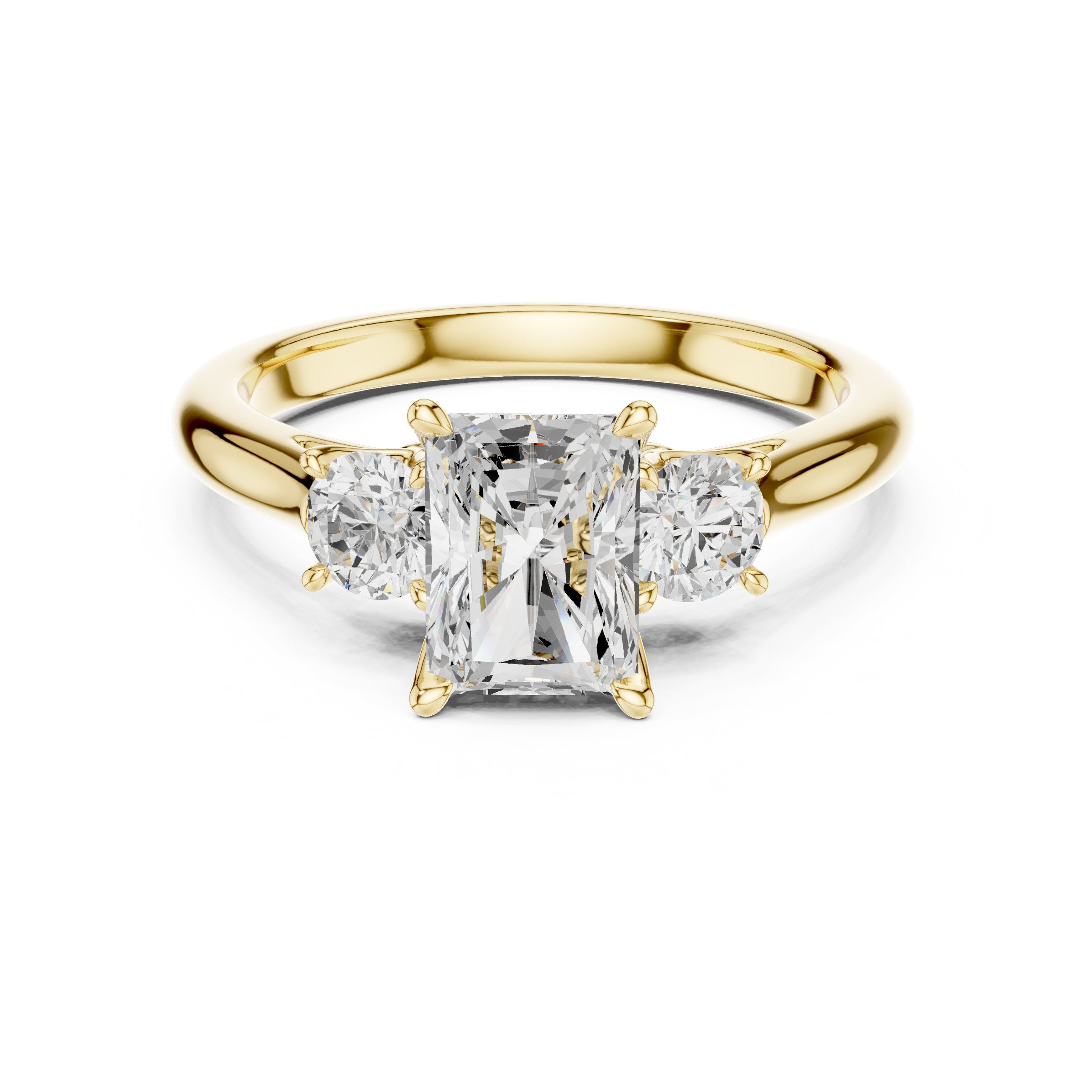 Radiant Cut Three Stone Engagement Ring with Round Sides in Yellow Gold - VYKA Diamonds