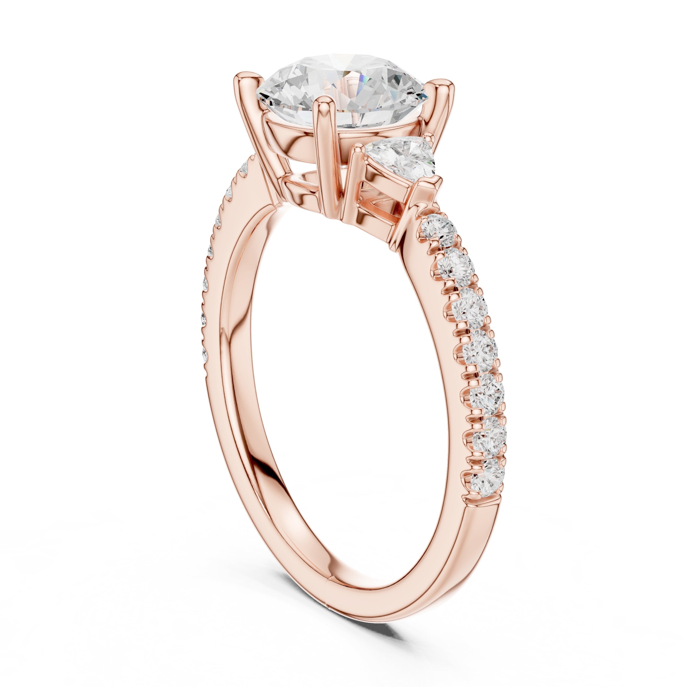 Round Diamond Three Stone Engagement Ring with Trilliant Sides and Pavé Band in Rose Gold - VYKA Diamonds