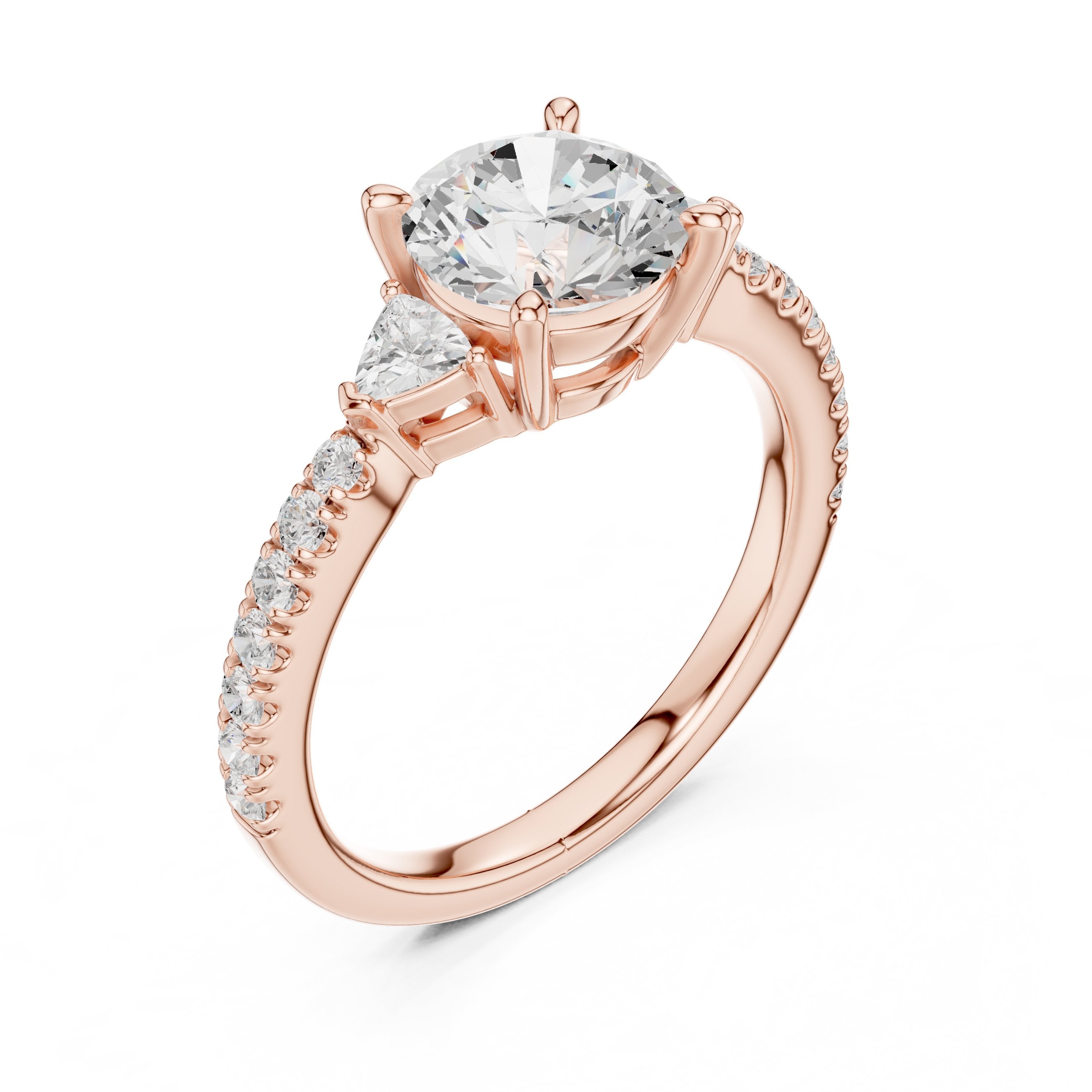 Round Diamond Three Stone Engagement Ring with Trilliant Sides and Pavé Band in Rose Gold - VYKA Diamonds