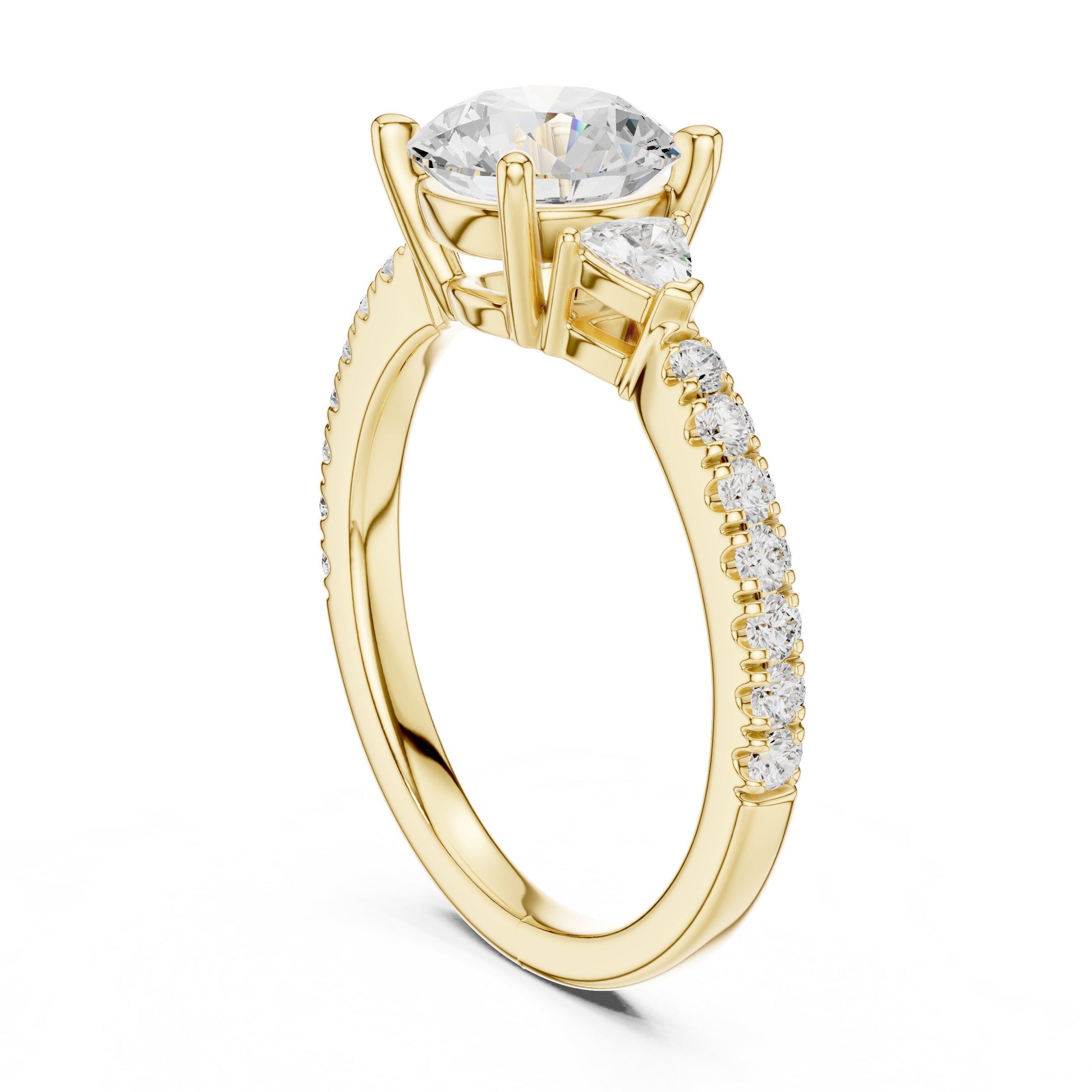 Round Diamond Three Stone Engagement Ring with Trilliant Sides and Pavé Band in Yellow Gold - VYKA Diamonds