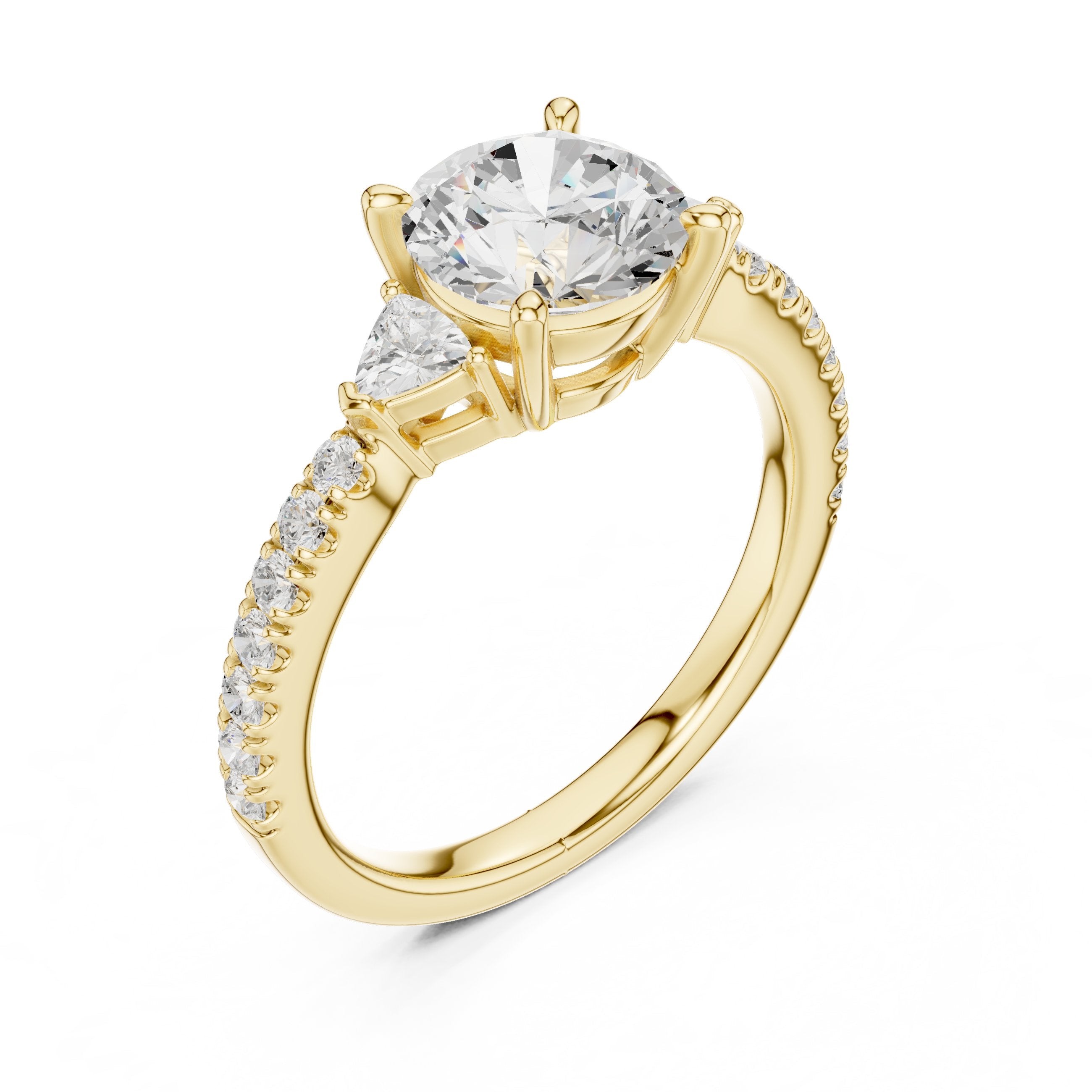 Round Diamond Three Stone Engagement Ring with Trilliant Sides and Pavé Band in Yellow Gold - VYKA Diamonds