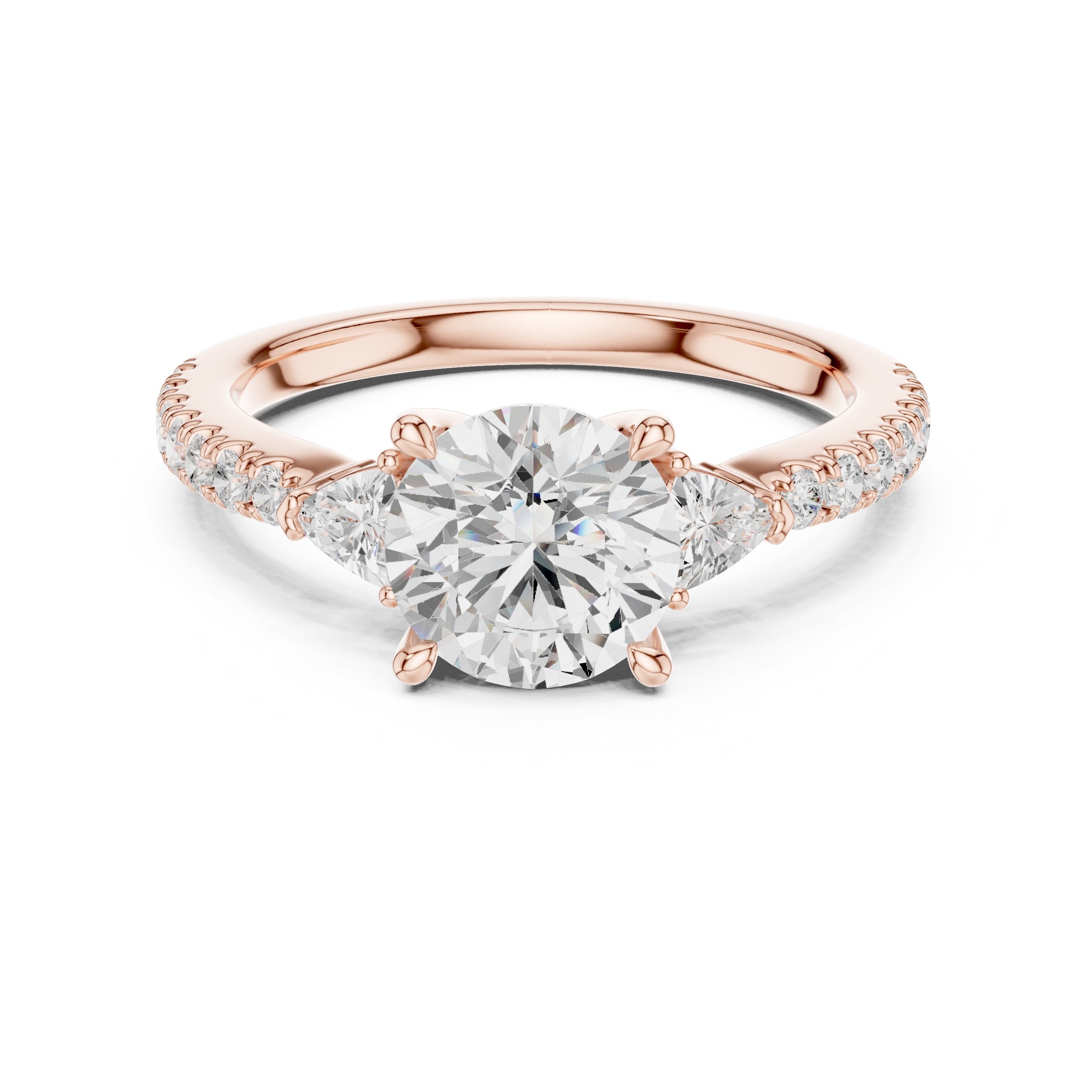Round Diamond Three Stone Engagement Ring with Trilliant Sides and Pavé Band in Rose Gold - VYKA Diamonds