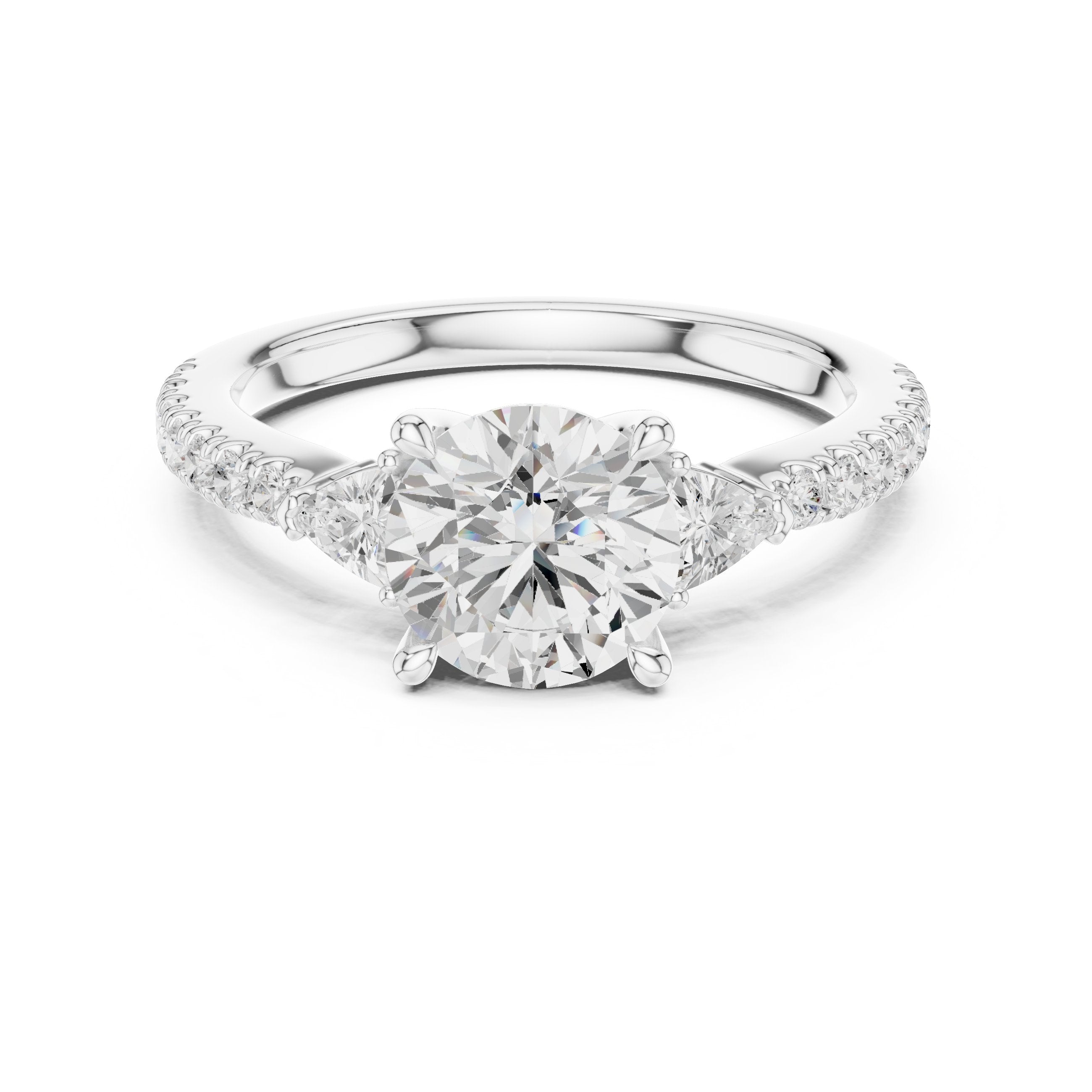 Round Diamond Three Stone Engagement Ring with Trilliant Sides and Pavé Band in White Gold - VYKA Diamonds