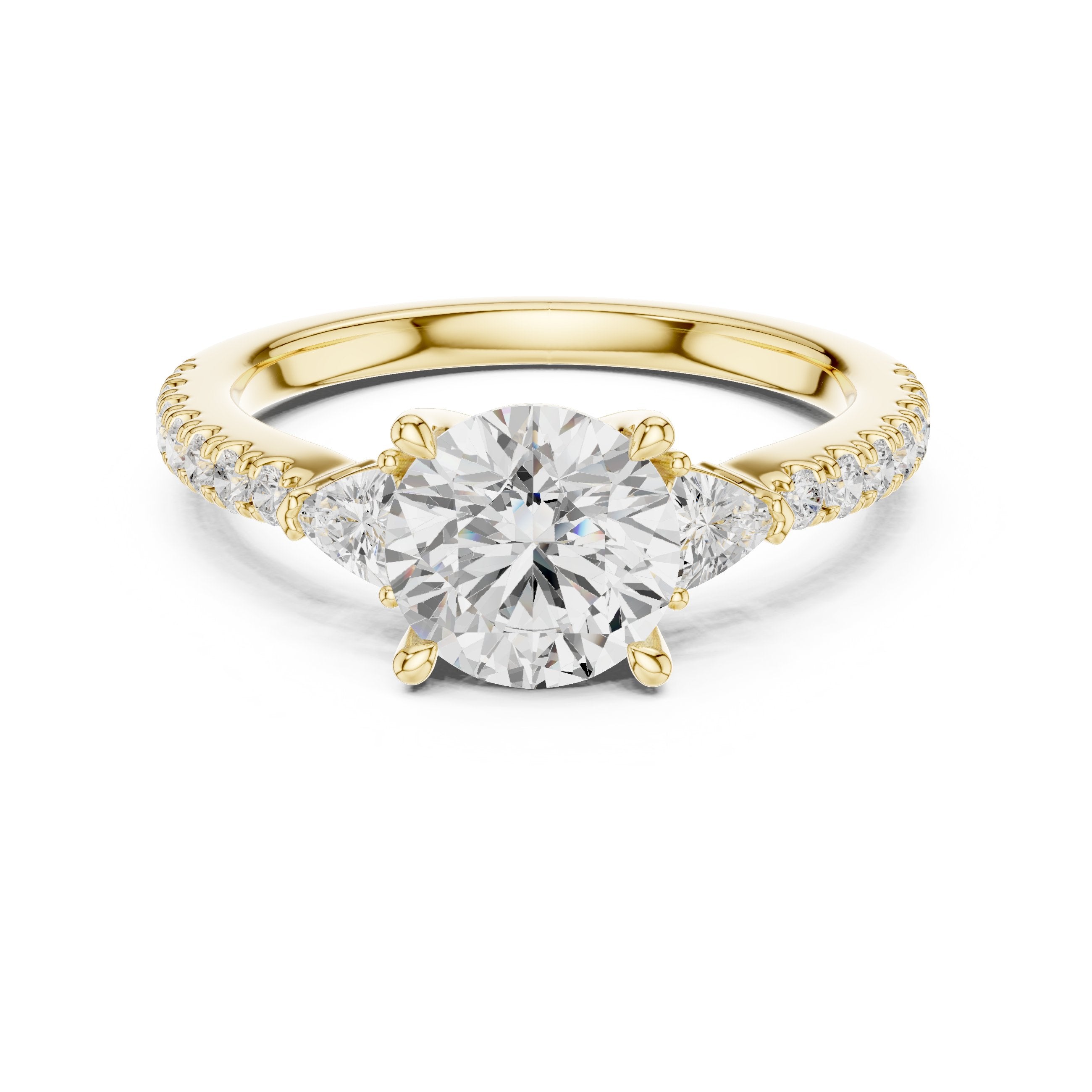 Round Diamond Three Stone Engagement Ring with Trilliant Sides and Pavé Band in Yellow Gold - VYKA Diamonds