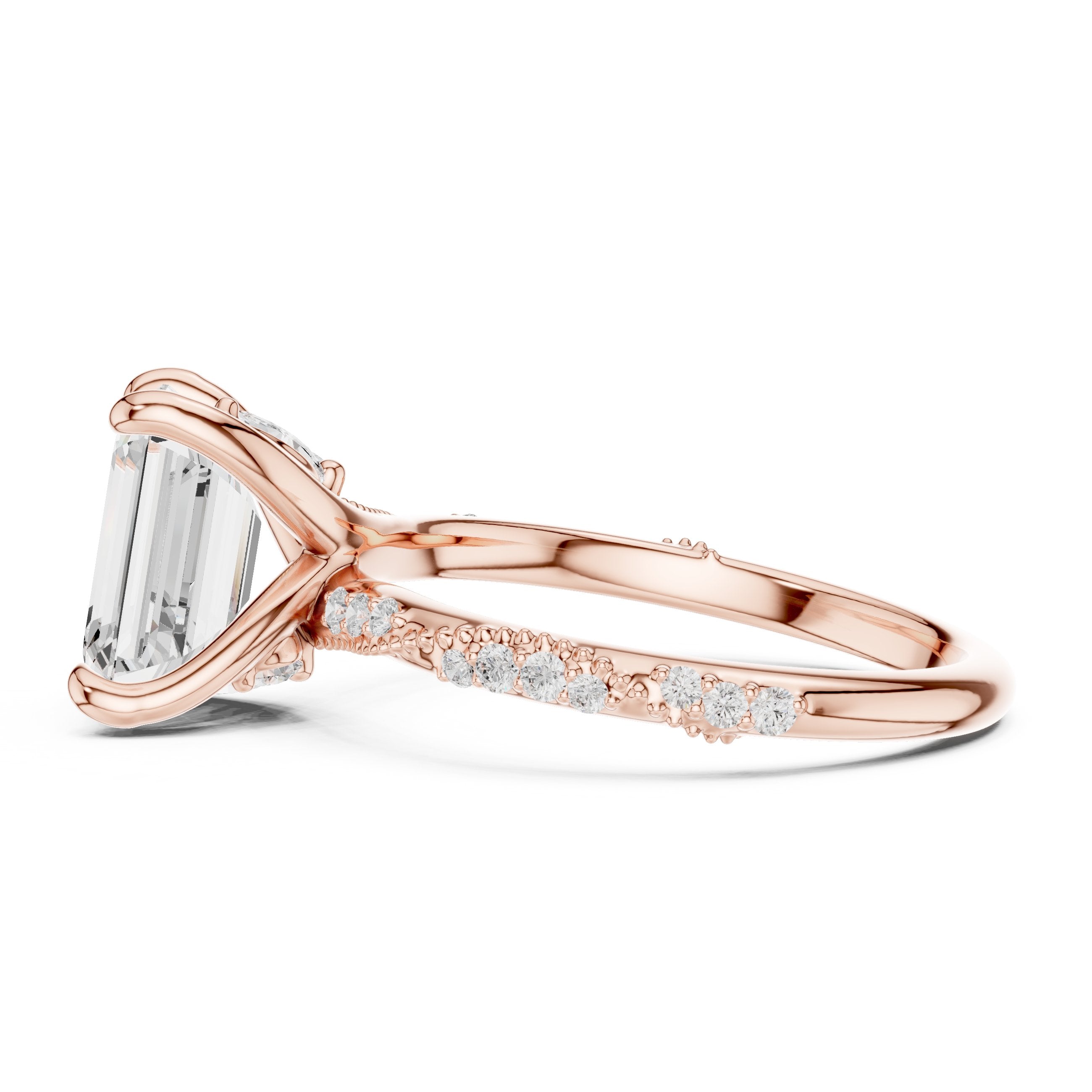 Emerald Cut Engagement Ring with Twisted Vine Pavé Band in Rose Gold - VYKA Diamonds