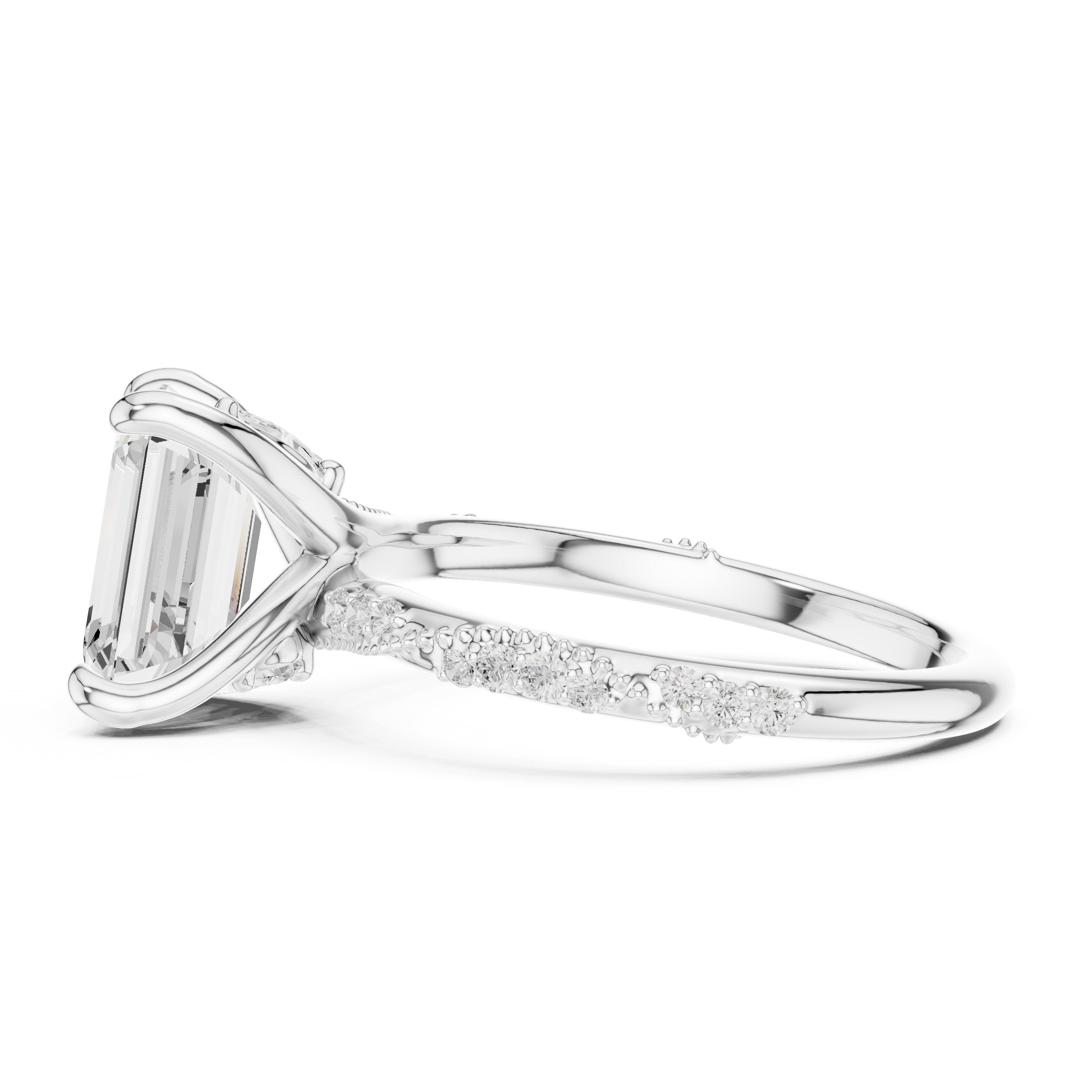Emerald Cut Engagement Ring with Twisted Vine Pavé Band in White Gold - VYKA Diamonds