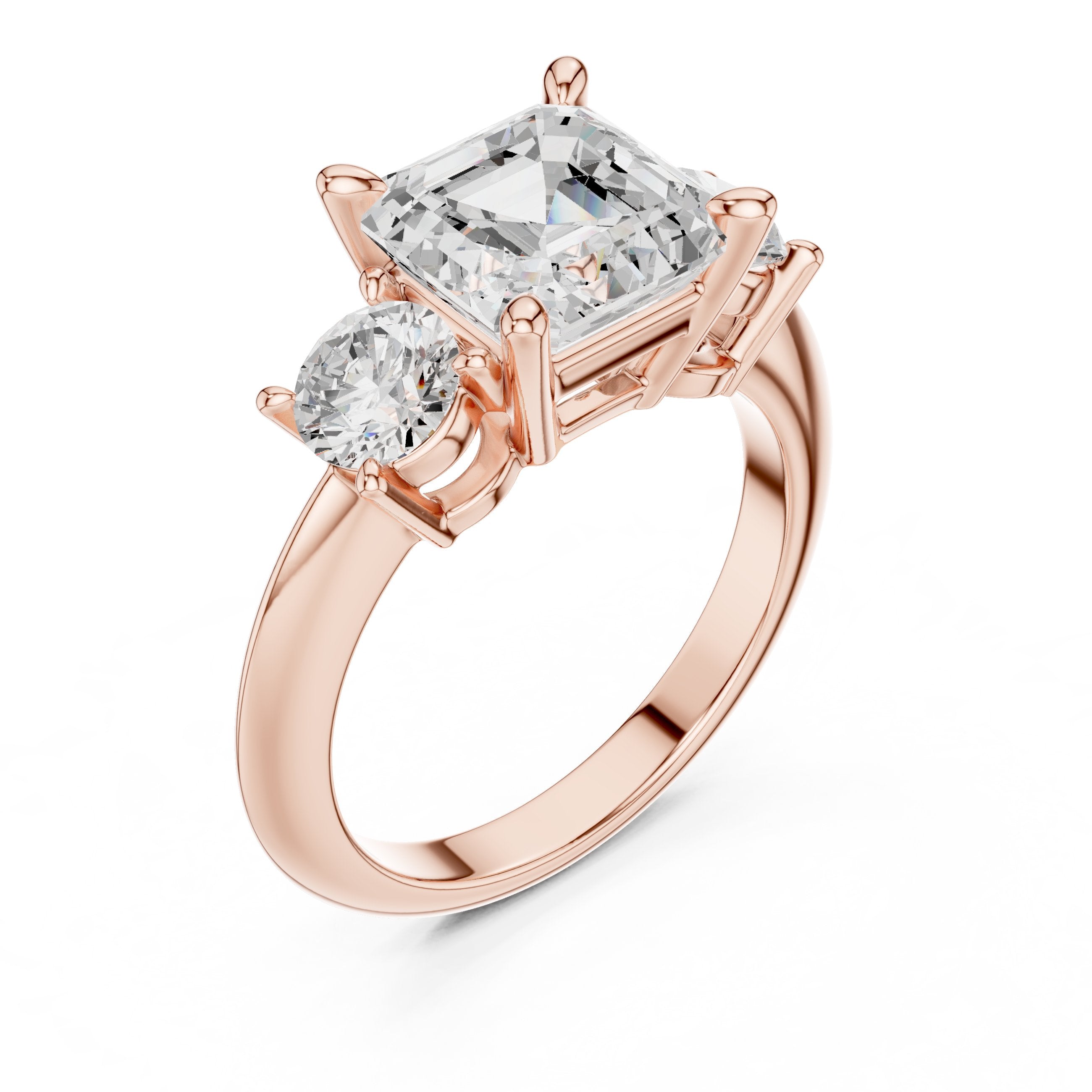Asscher Cut Three Stone Engagement Ring with Round Sides in Rose Gold - VYKA Diamonds