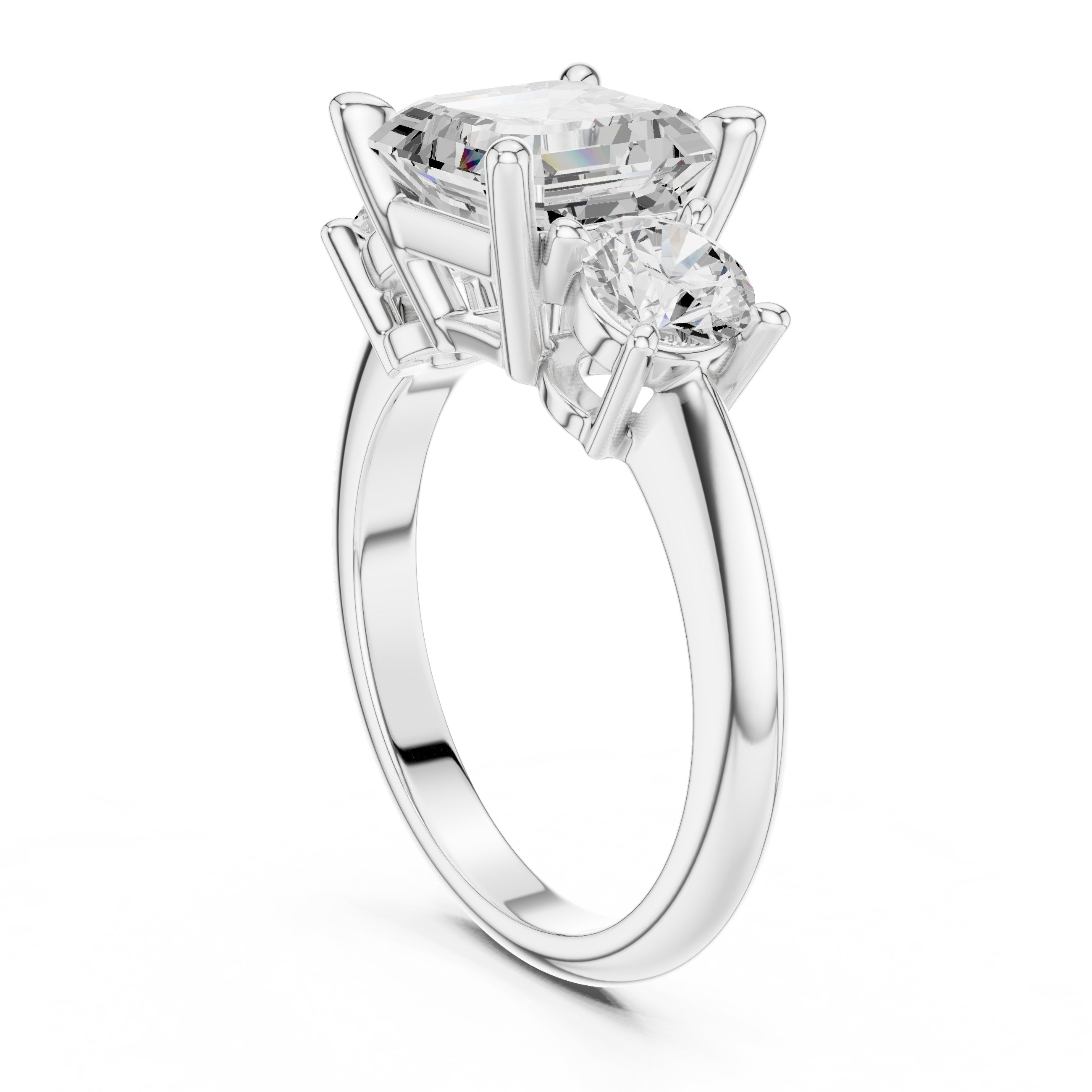 Asscher Cut Three Stone Engagement Ring with Round Sides in White Gold - VYKA Diamonds