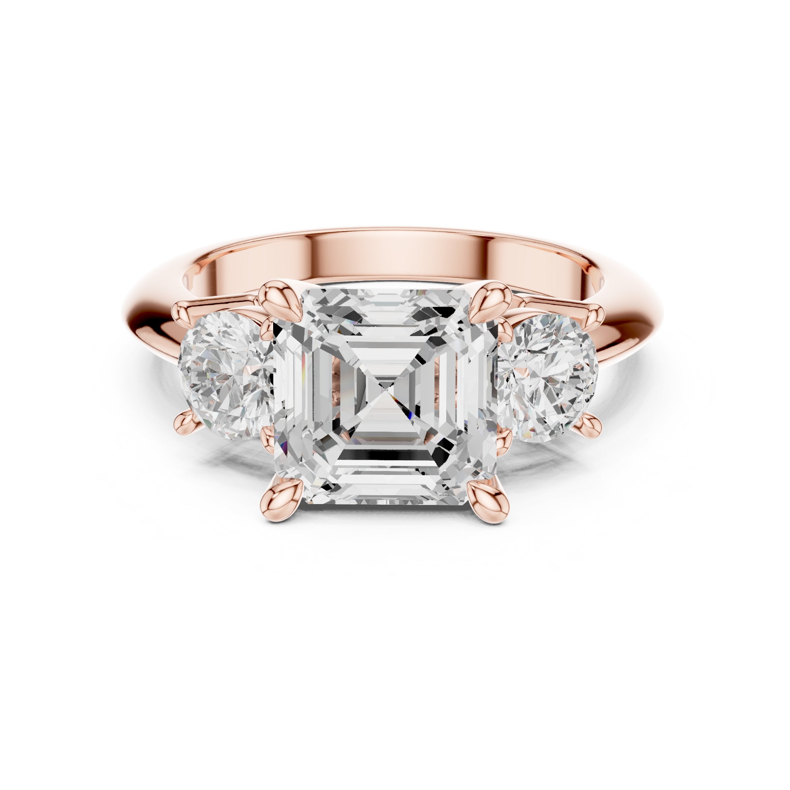 Asscher Cut Three Stone Engagement Ring with Round Sides in Rose Gold - VYKA Diamonds