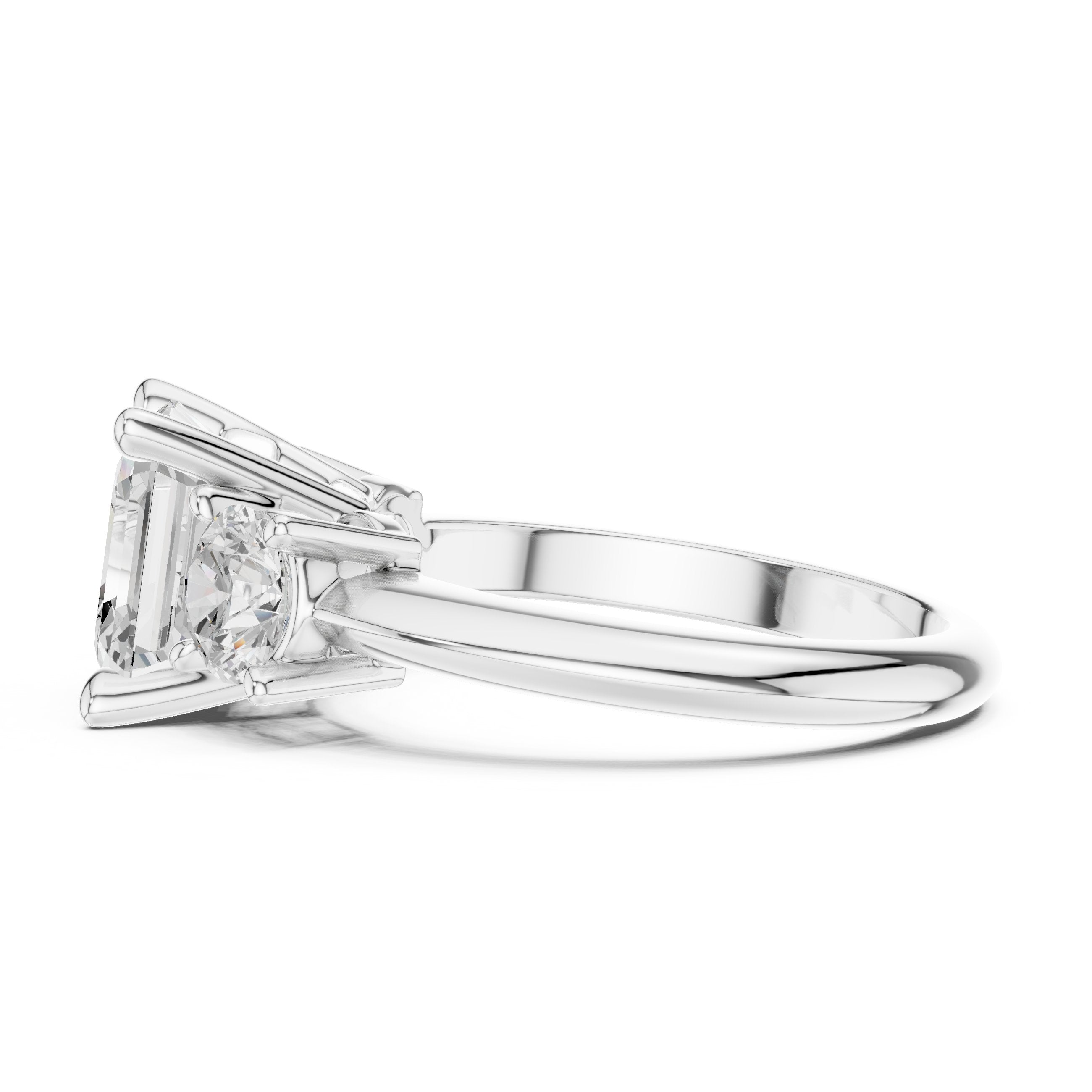 Asscher Cut Three Stone Engagement Ring with Round Sides in White Gold - VYKA Diamonds