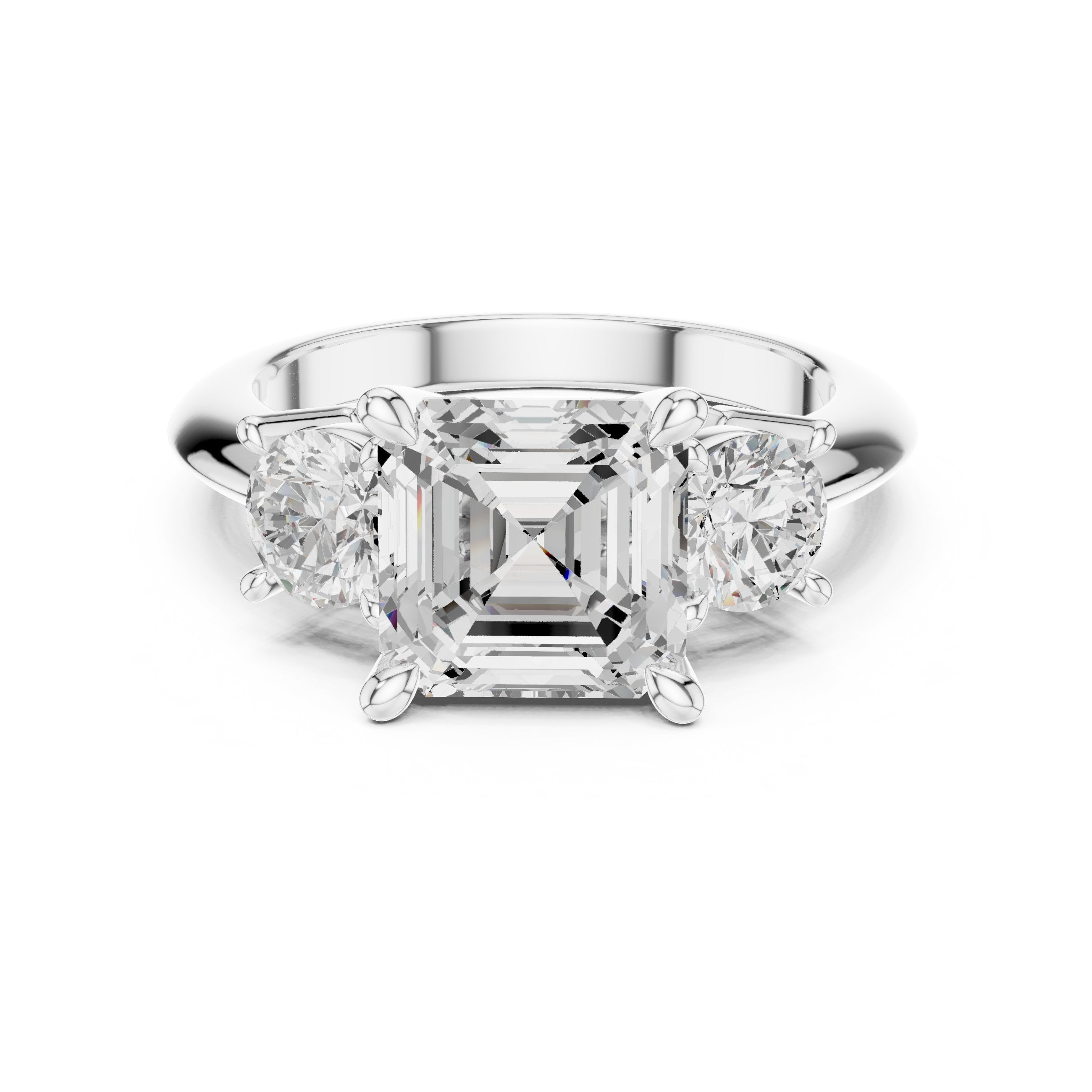 Asscher Cut Three Stone Engagement Ring with Round Sides in White Gold - VYKA Diamonds