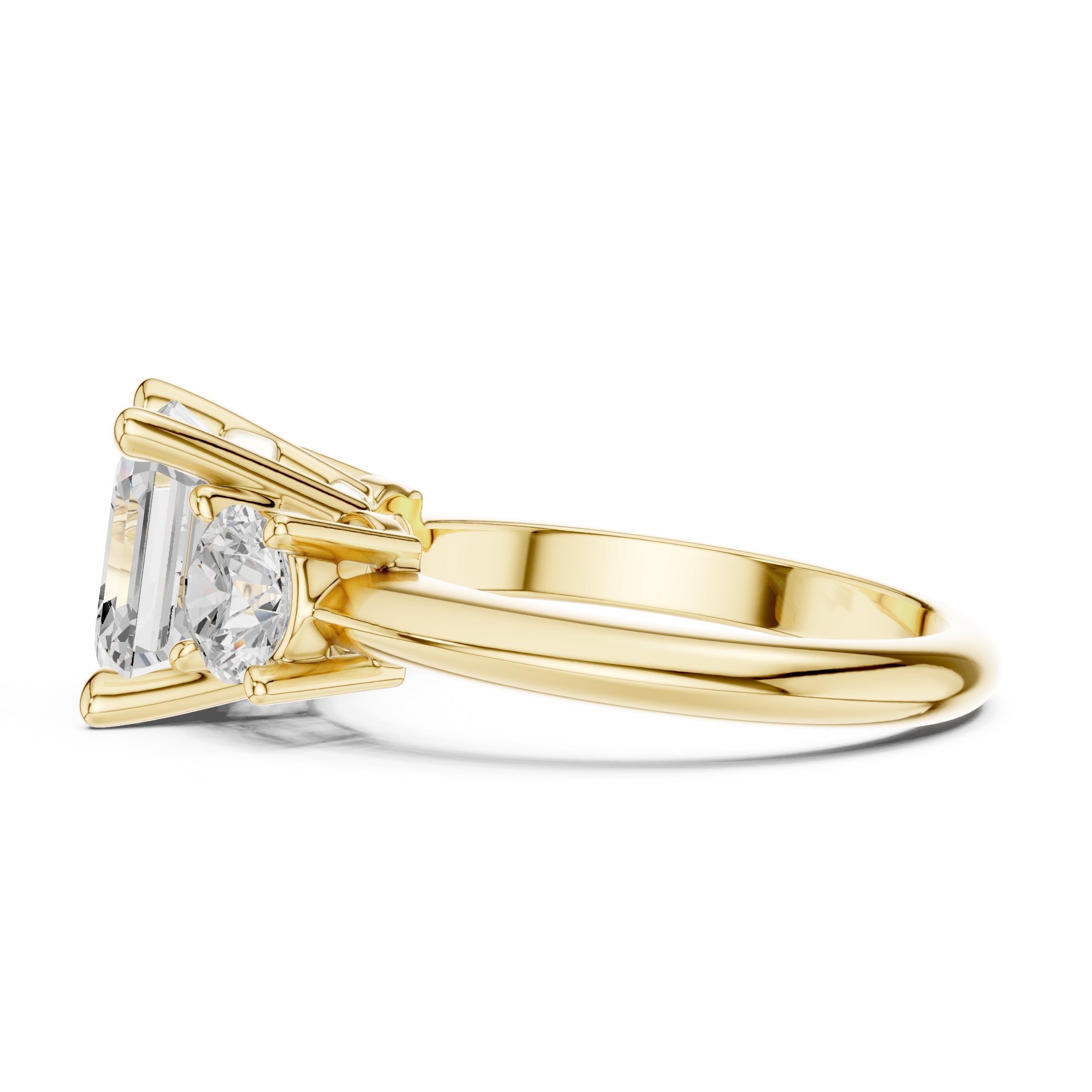Asscher Cut Three Stone Engagement Ring with Round Sides in Yellow Gold - VYKA Diamonds