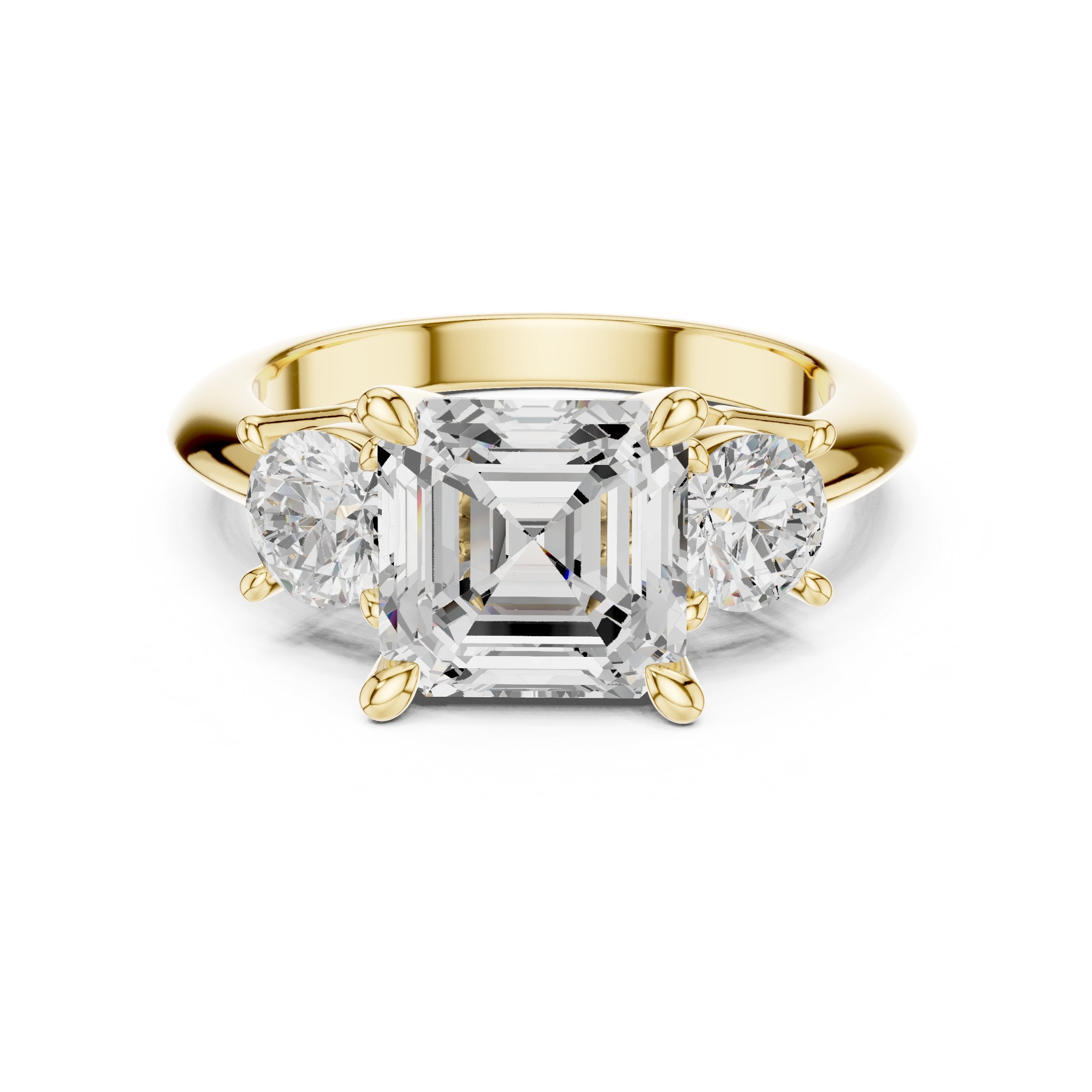 Asscher Cut Three Stone Engagement Ring with Round Sides in Yellow Gold - VYKA Diamonds