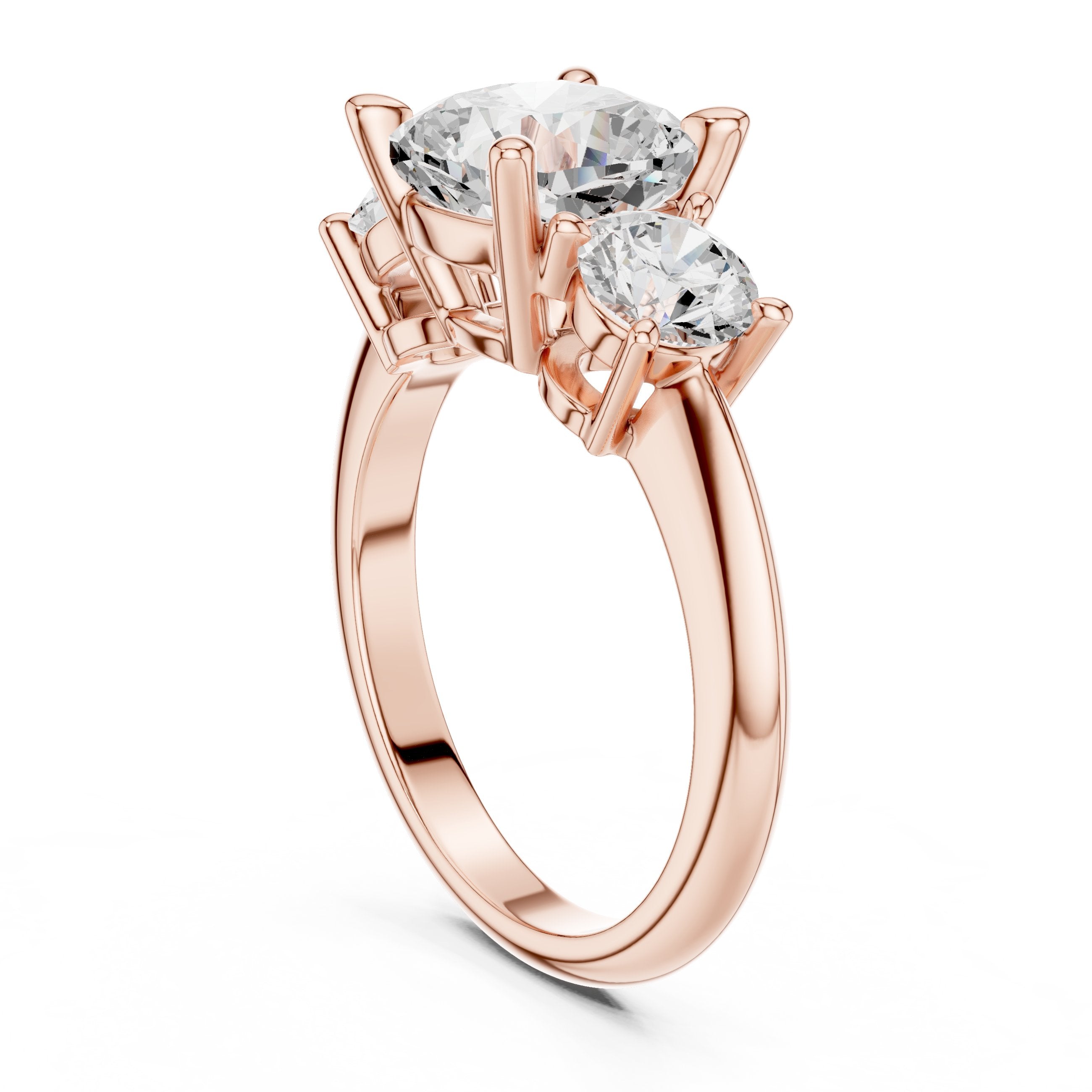 Cushion Cut Three Stone Engagement Ring with Round Sides in Rose Gold - VYKA Diamonds