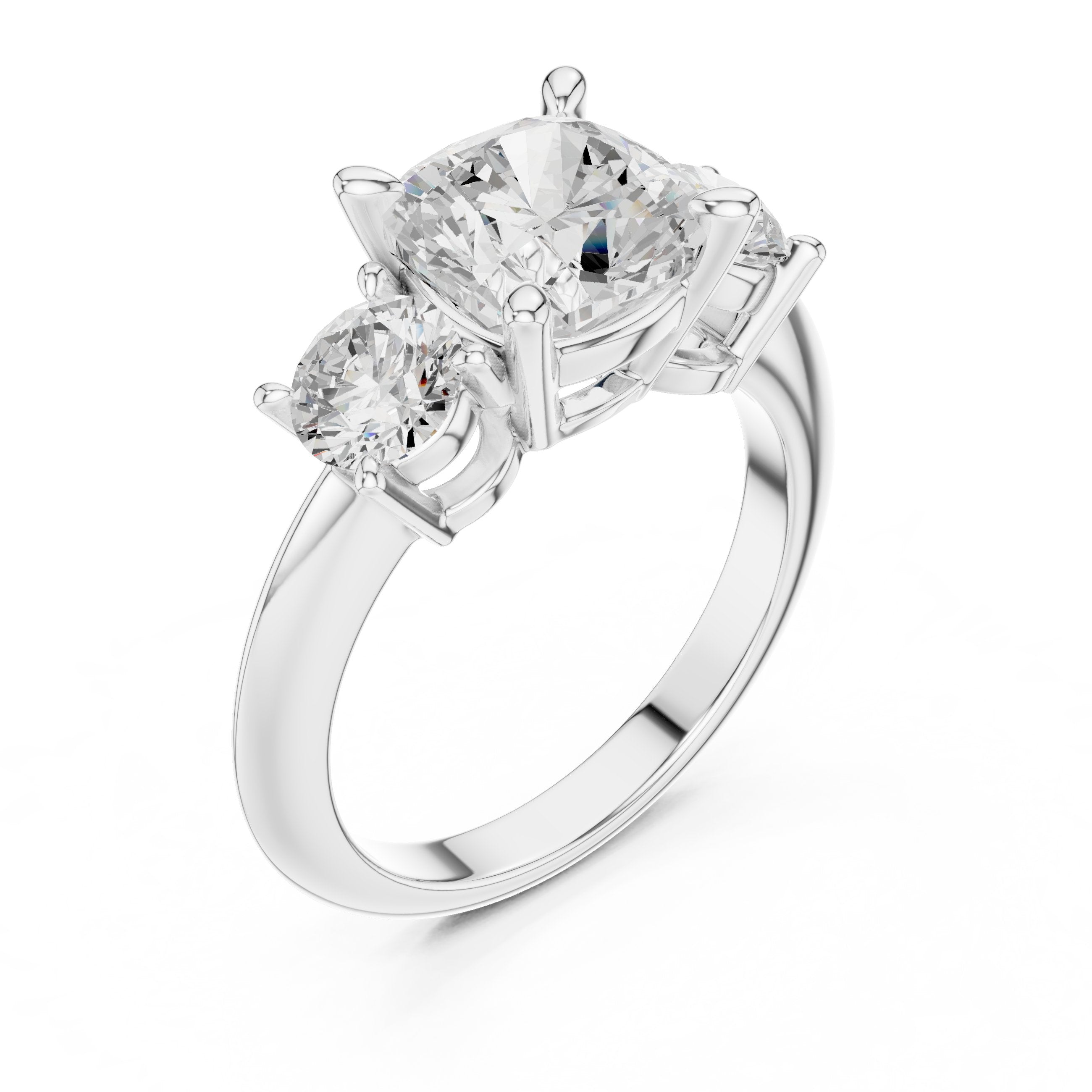 Cushion Cut Three Stone Engagement Ring with Round Sides in White Gold - VYKA Diamonds