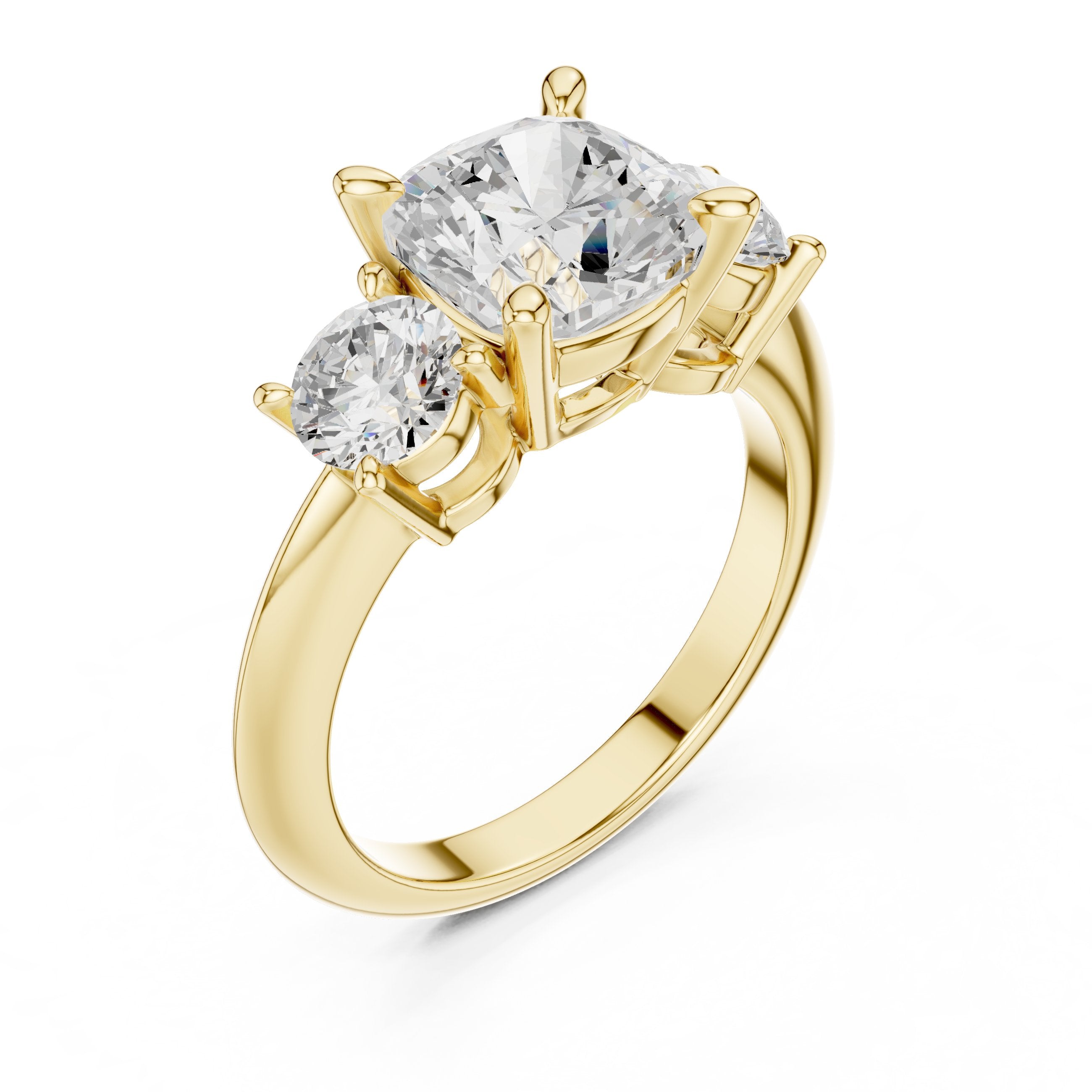 Cushion Cut Three Stone Engagement Ring with Round Sides in Yellow Gold - VYKA Diamonds