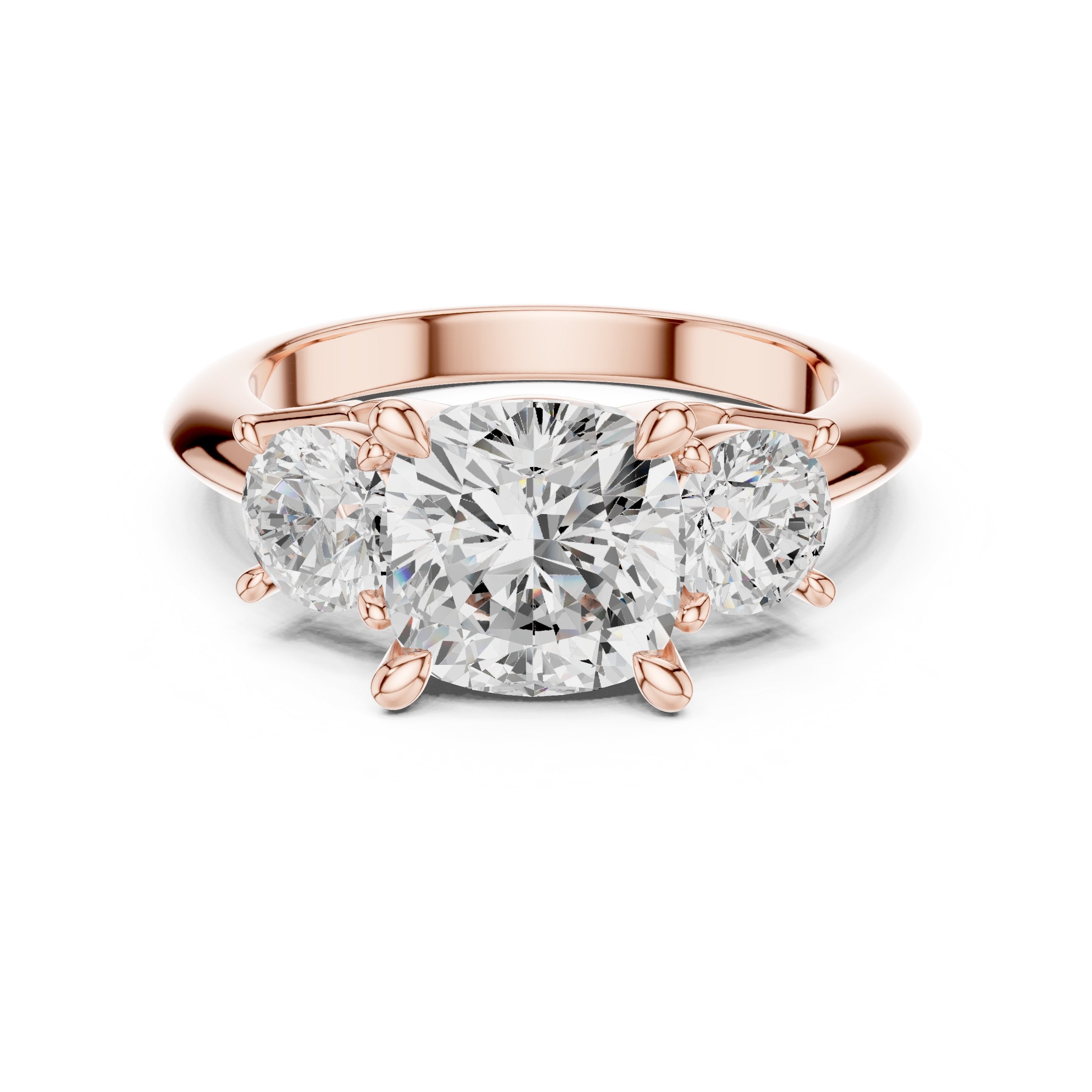 Cushion Cut Three Stone Engagement Ring with Round Sides in Rose Gold - VYKA Diamonds