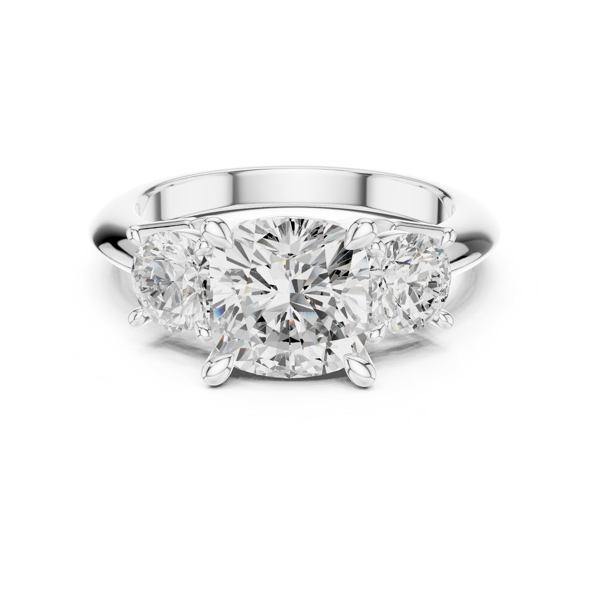 Cushion Cut Three Stone Engagement Ring with Round Sides