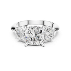 Cushion Cut Three Stone Engagement Ring with Round Sides